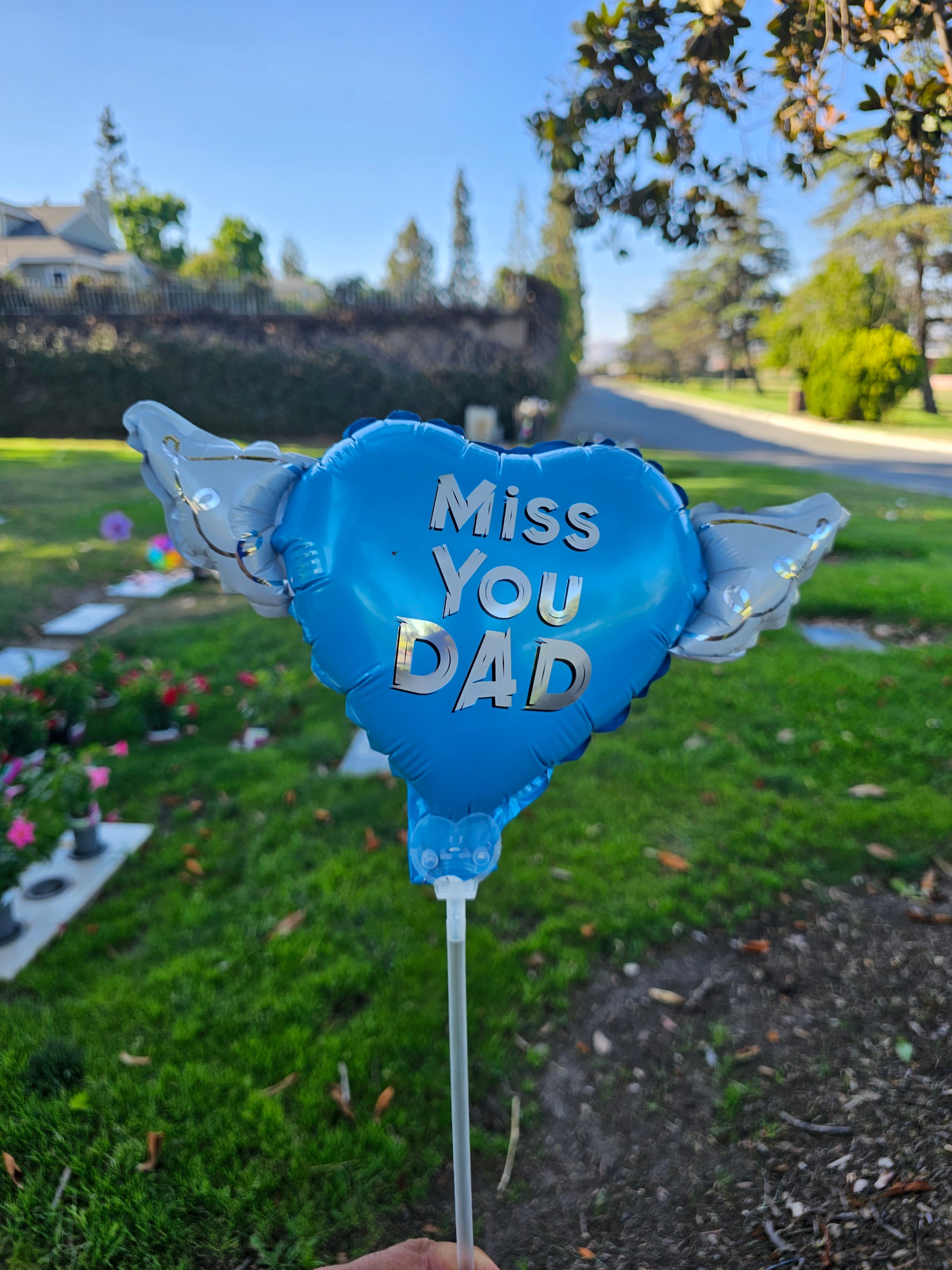 Miss You Dad Memorial Balloon on a Stick – Heart Shaped with Angel Wings Graveside Tribute