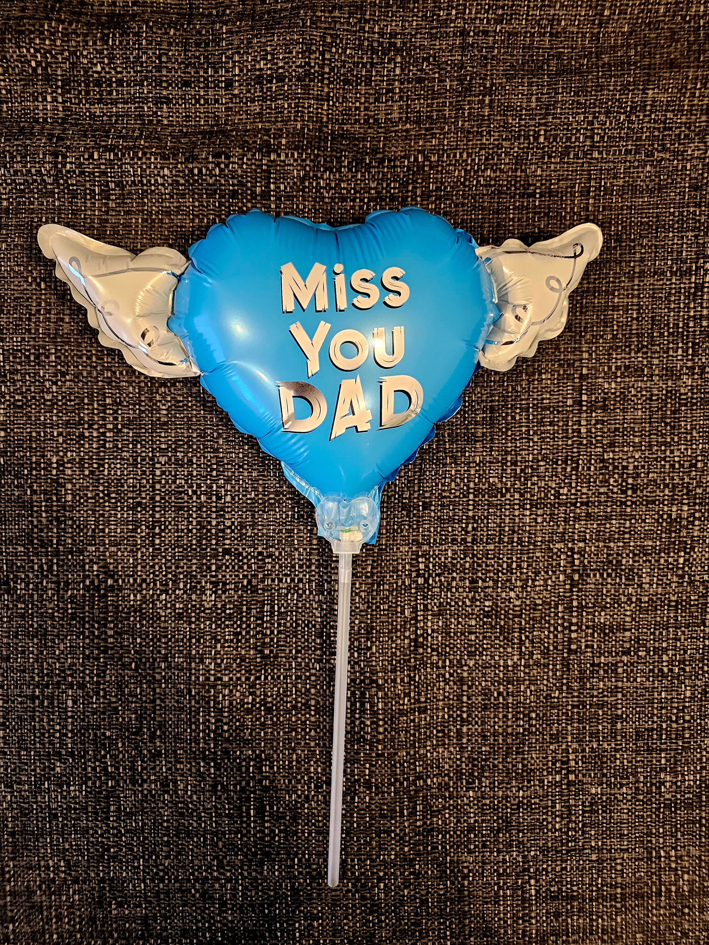 Miss You Dad Memorial Balloon on a Stick – Heart Shaped with Angel Wings Graveside Tribute
