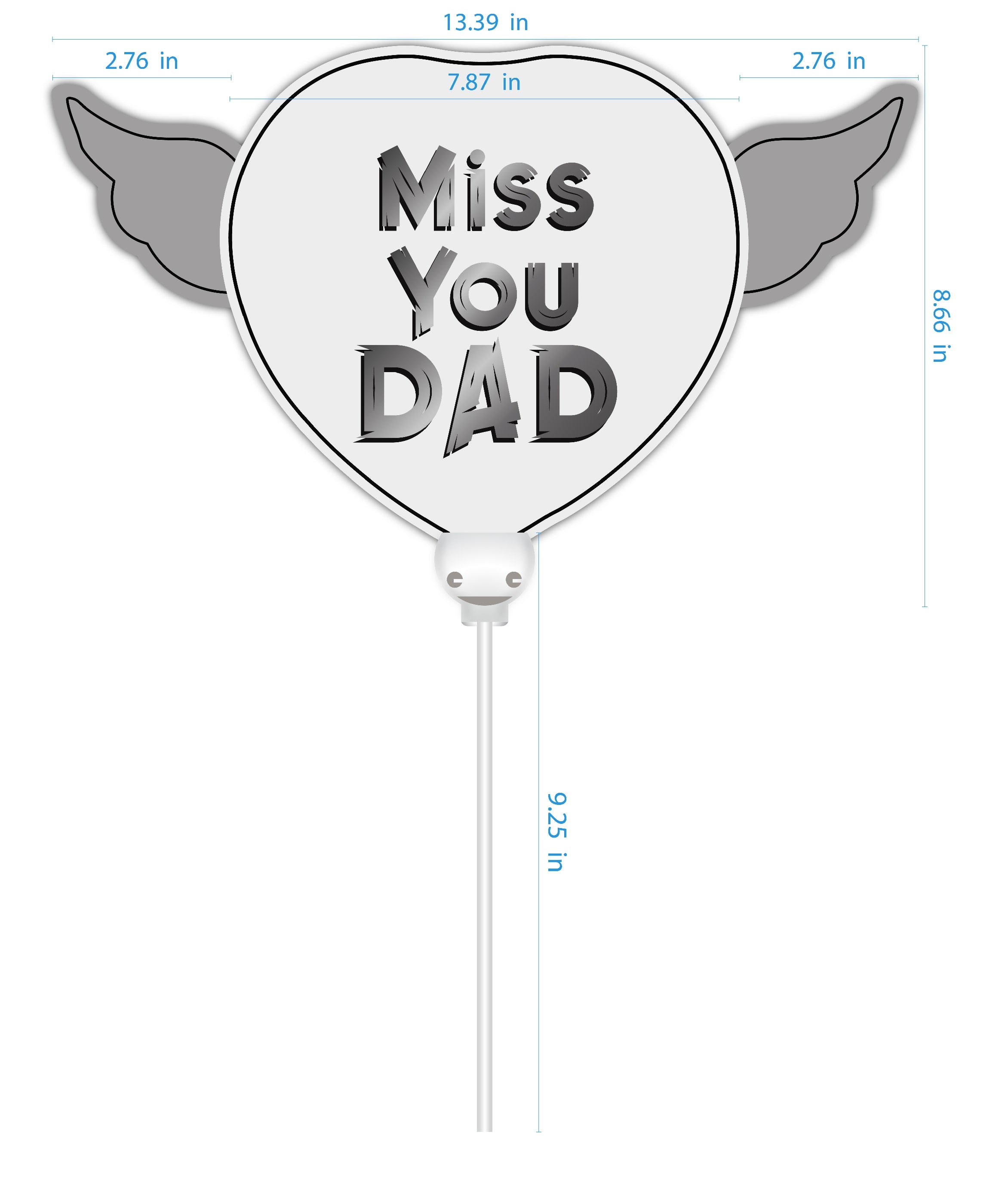 Miss You Dad Memorial Balloon on a Stick – Heart Shaped with Angel Wings Graveside Tribute