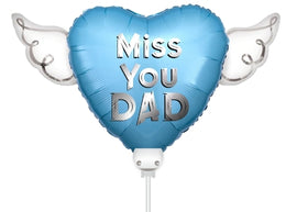 Miss You Dad Memorial Balloon on a Stick – Heart Shaped with Angel Wings Graveside Tribute