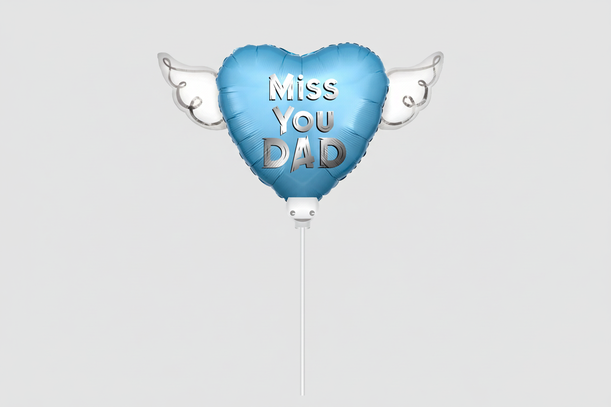 Miss You Dad Memorial Balloon on a Stick – Heart Shaped with Angel Wings Graveside Tribute