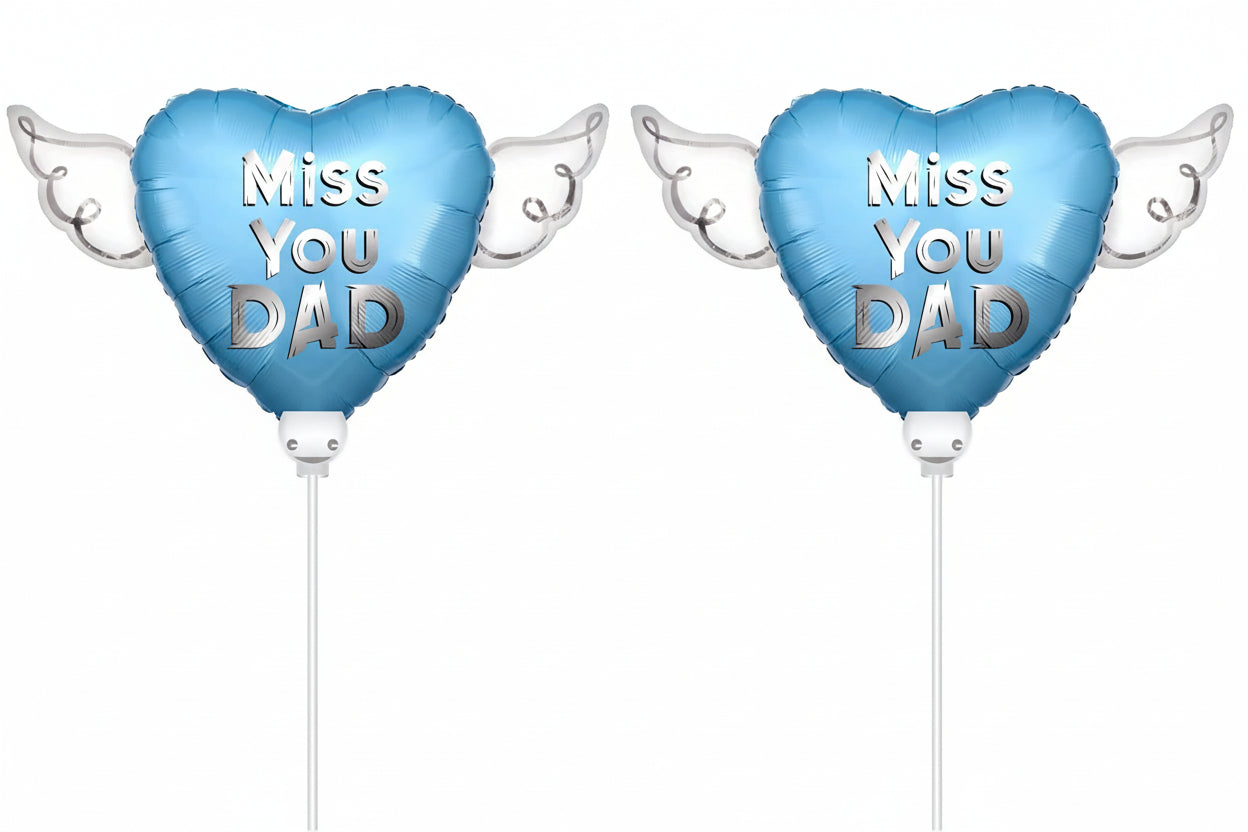 Miss You Dad Memorial Balloon on a Stick with Angel Wings – Heart Shaped Graveside Tribute for Your Father