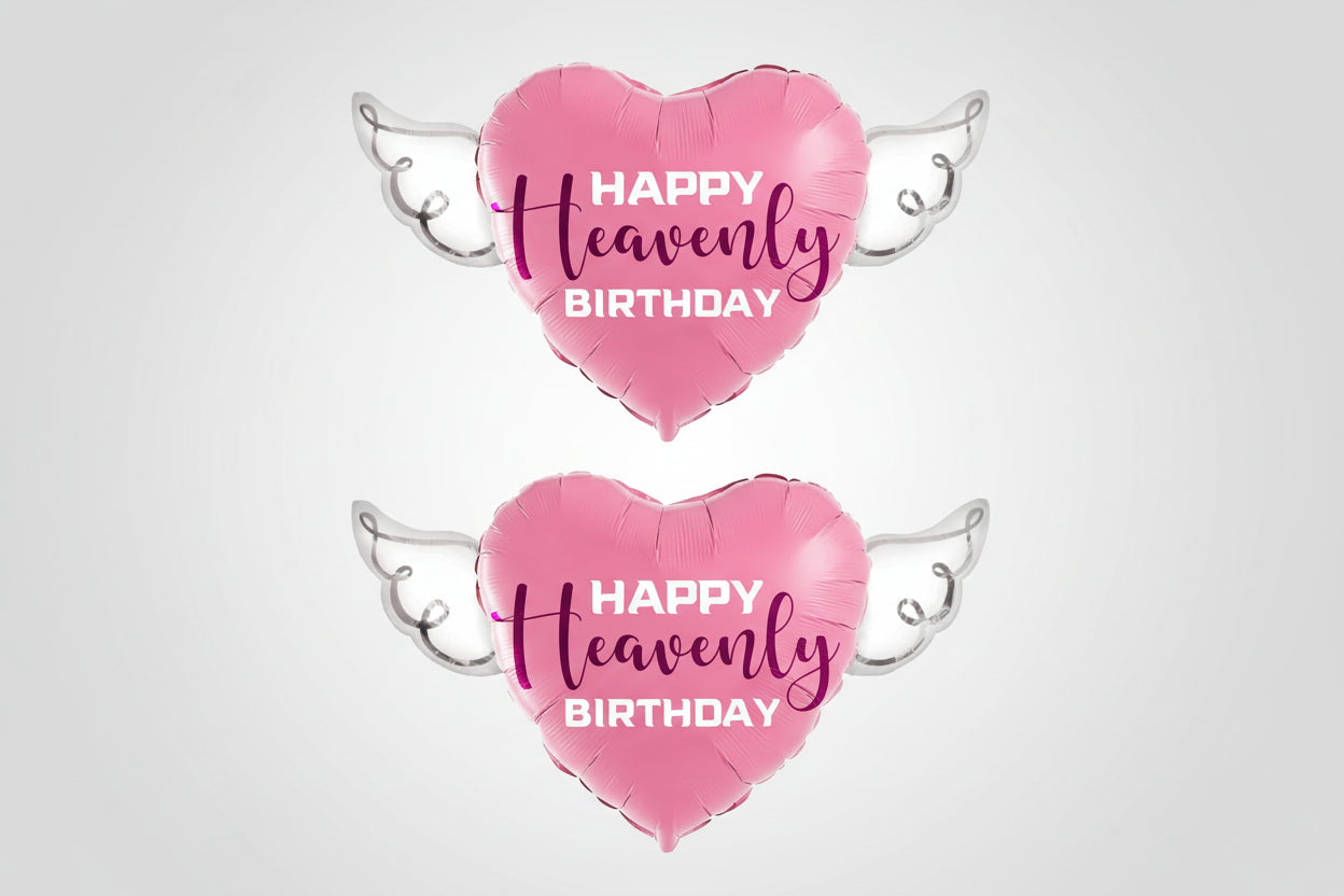 Pink Happy Heavenly Birthday Memorial Balloon with Angel Wings – Heart Shaped Graveside Tribute
