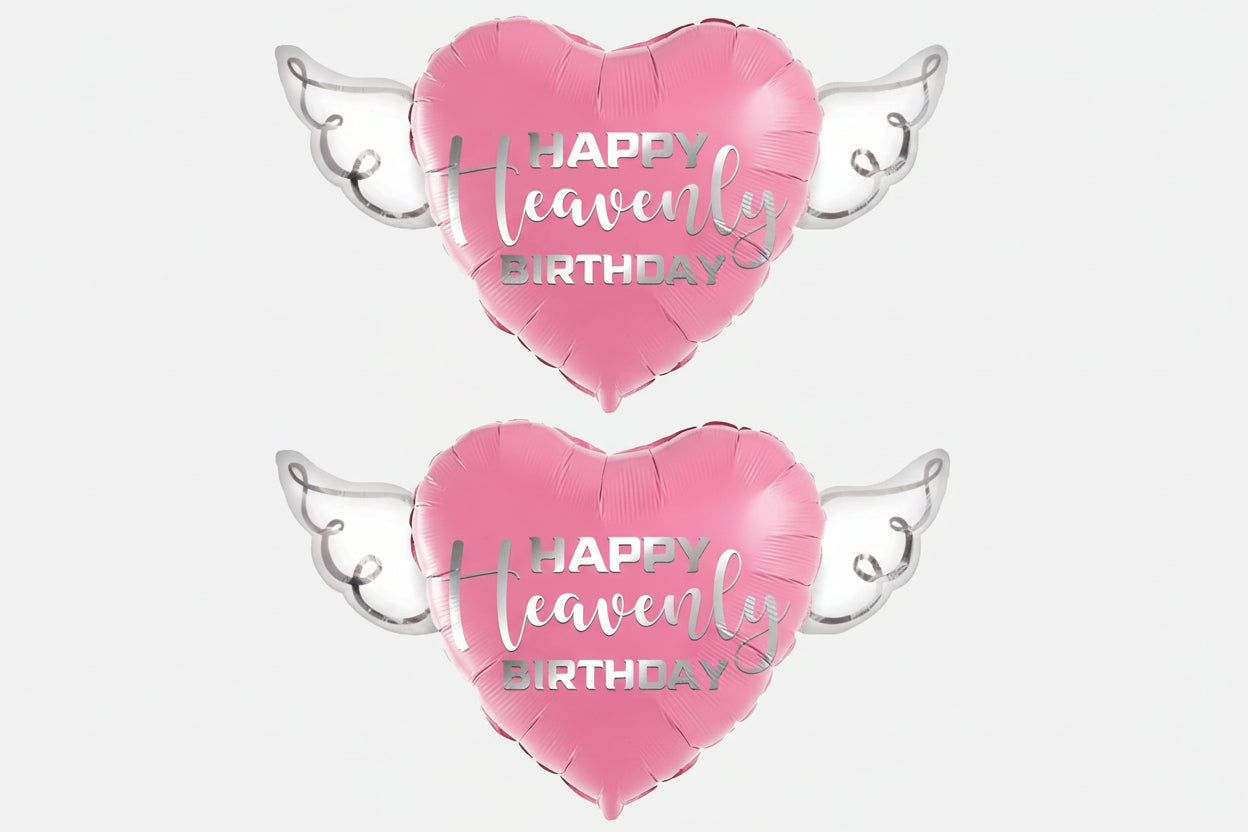 Pink Happy Heavenly Birthday Memorial Balloon with Angel Wings – Silver Script Graveside Tribute