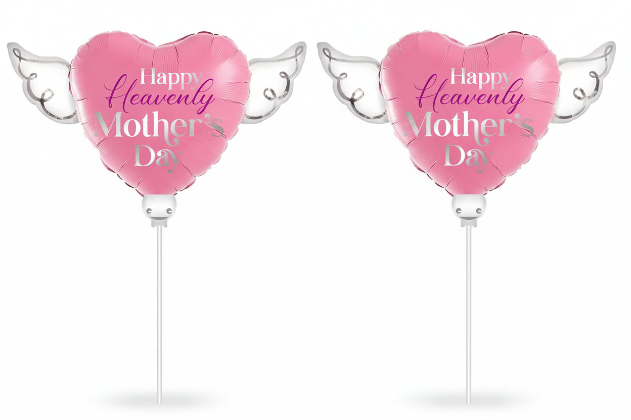 Two pink heart-shaped balloons with 'Happy Heavenly Mother Day' text on white background

