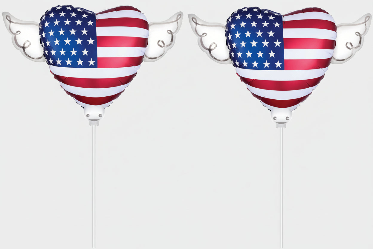 USA Flag Memorial Balloon on a Stick – Heart Shaped with Angel Wings Patriotic Graveside Tribute