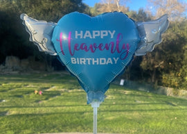 "Happy Heavenly Birthday" Blue Heart Balloon on Stick with Angel Wings