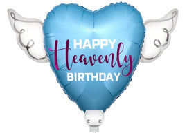 "Happy Heavenly Birthday" Blue Heart Balloon on Stick with Angel Wings
