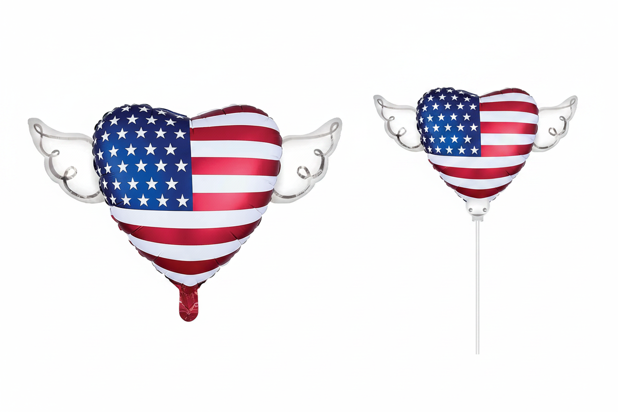 Heart-shaped balloons with American flag design on a white background