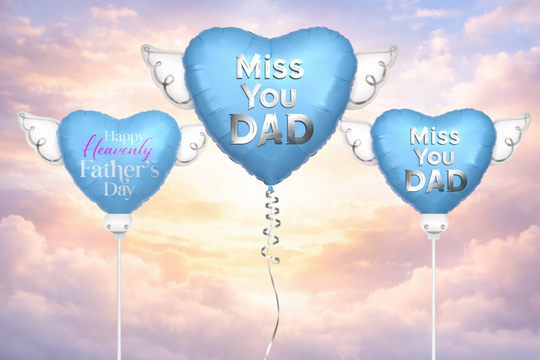 Happy Heavenly Father's Day and Miss You Dad memorial balloon bundle with angel wings