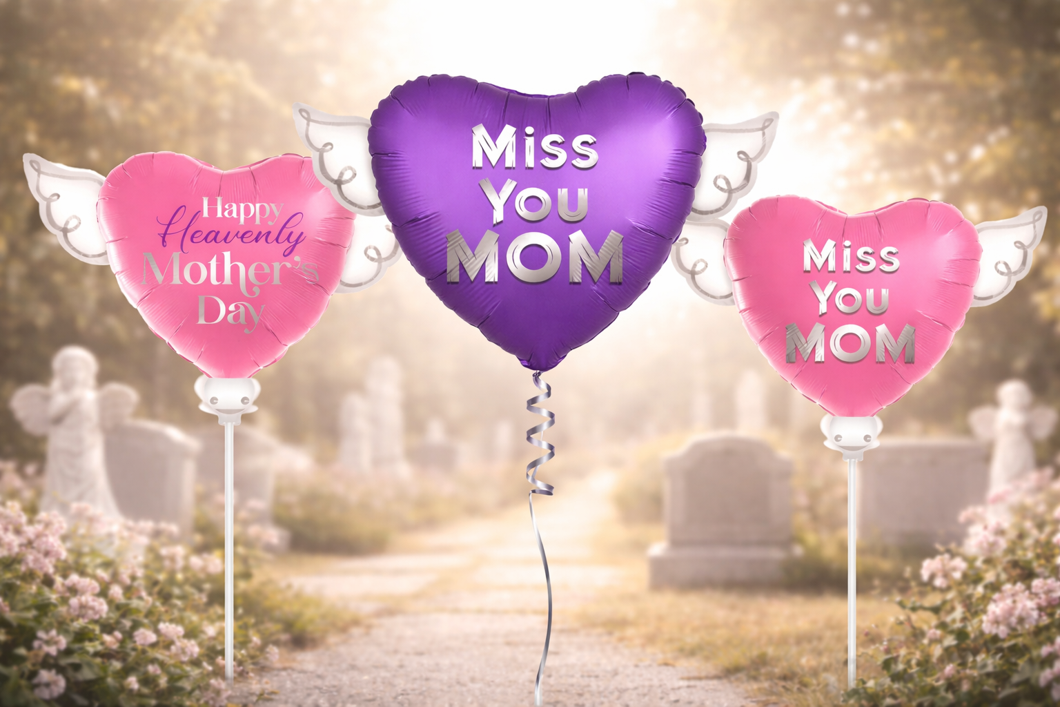 Heart-shaped balloons with 'Happy Heavenly Mother's Day' and 'Miss You Mom' text in a cemetery setting.