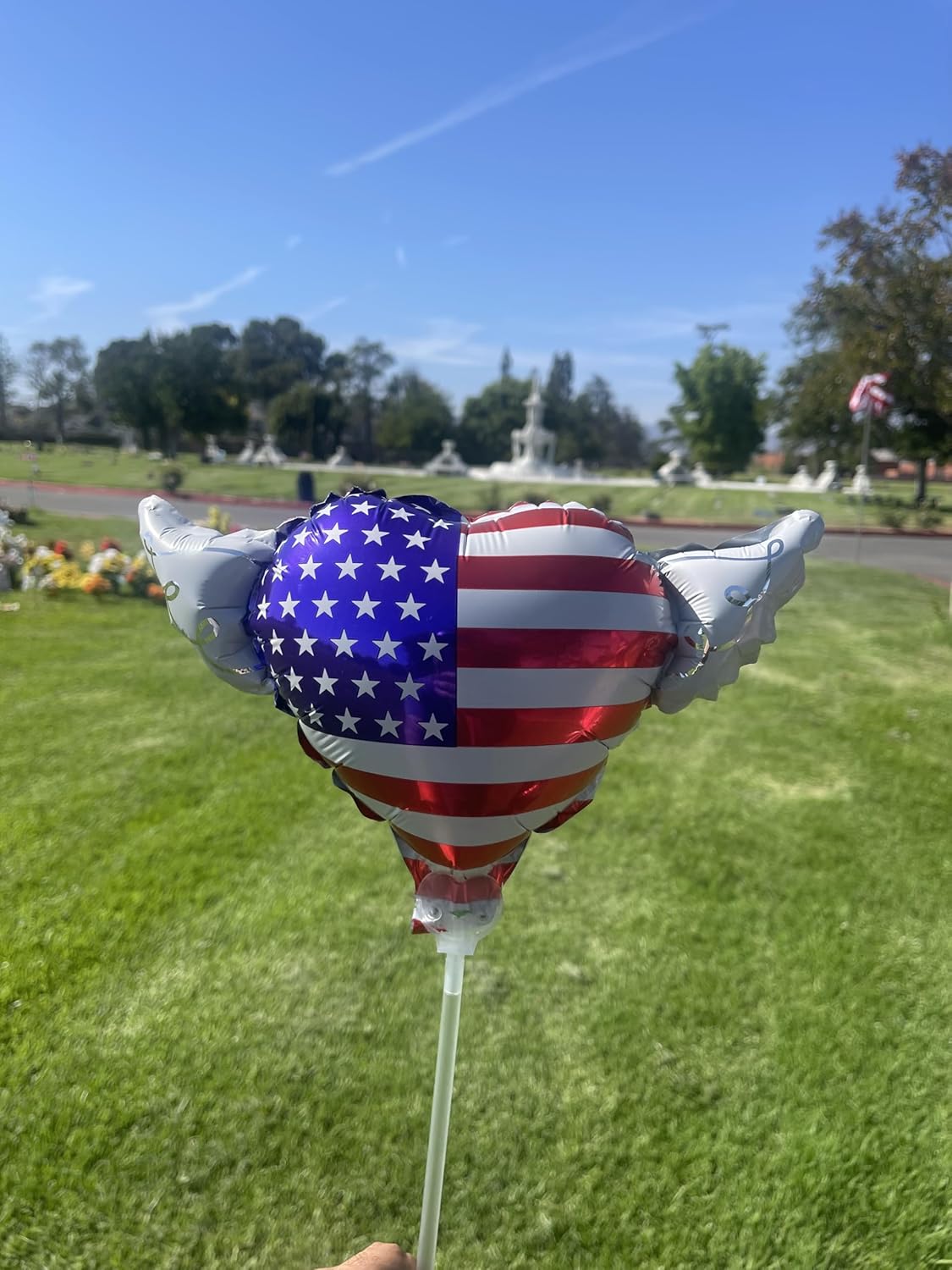 USA Flag Memorial Day Balloon Bundle – 17" Heart & 8" Stick | 4-Pack with Angel Wings