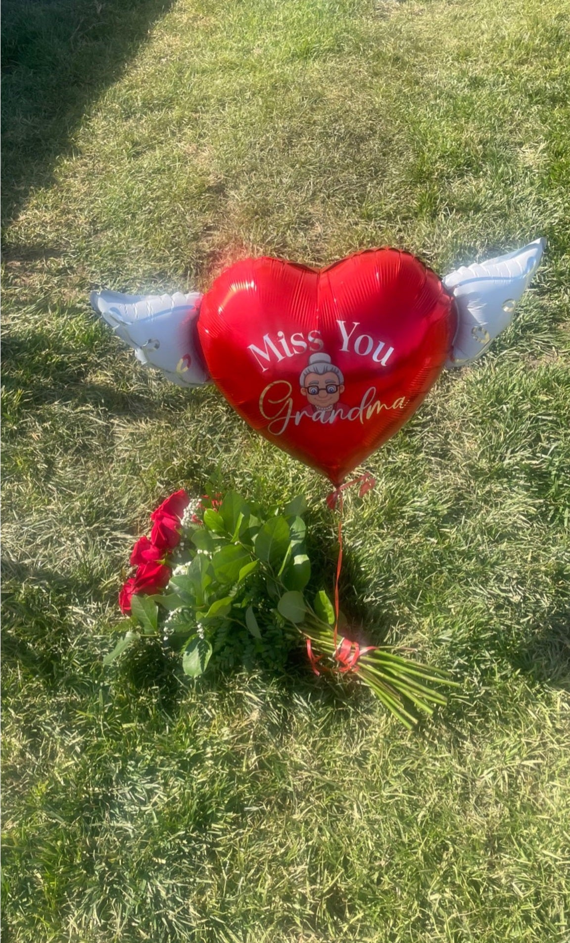 Miss You Grandma Heavenly Balloons Heart Shaped with angel wings (Red)