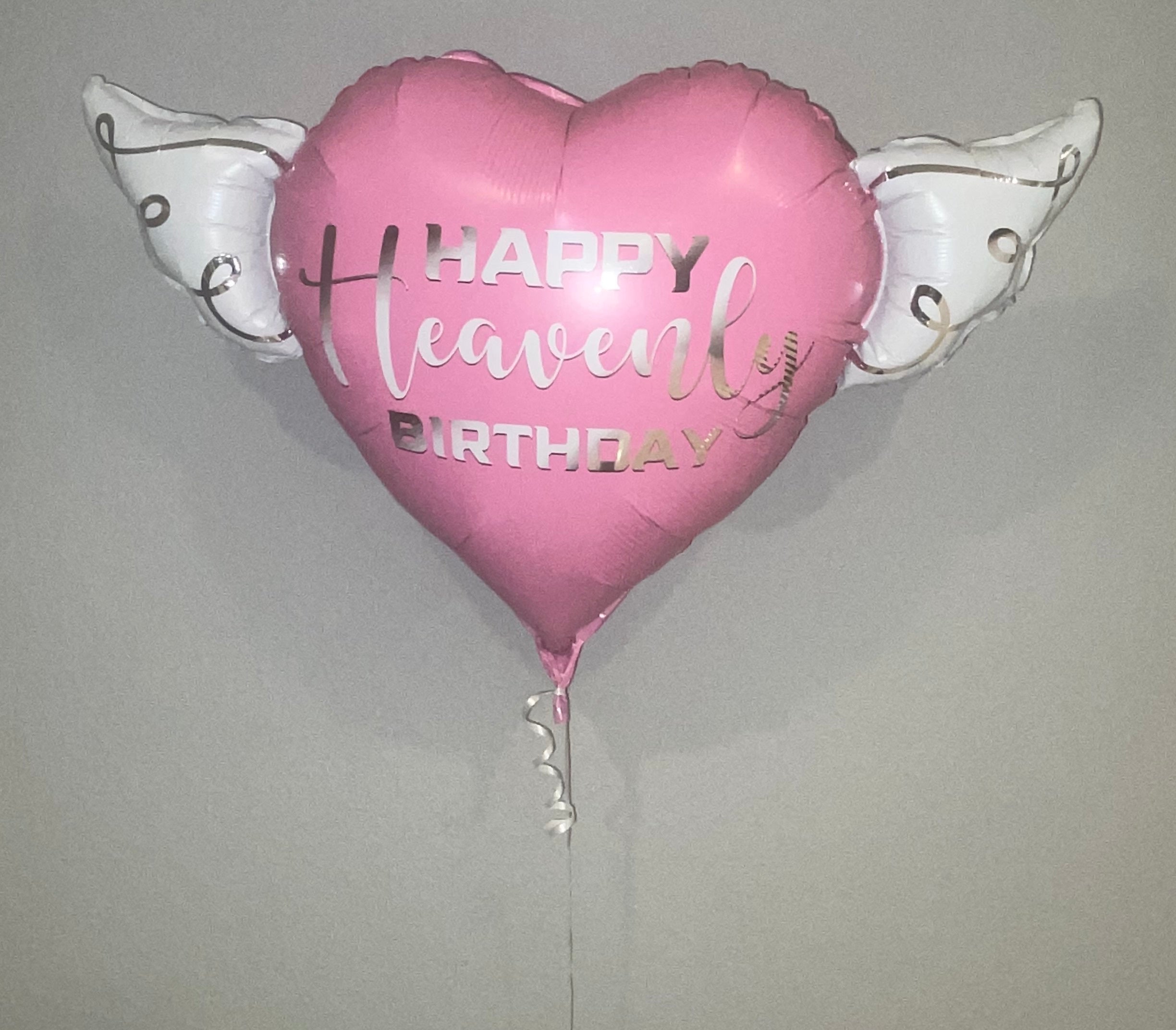 Happy Heavenly Birthday Memorial Balloon Set – Pink Silver Script 17" & Balloon on a Stick Angel Wings