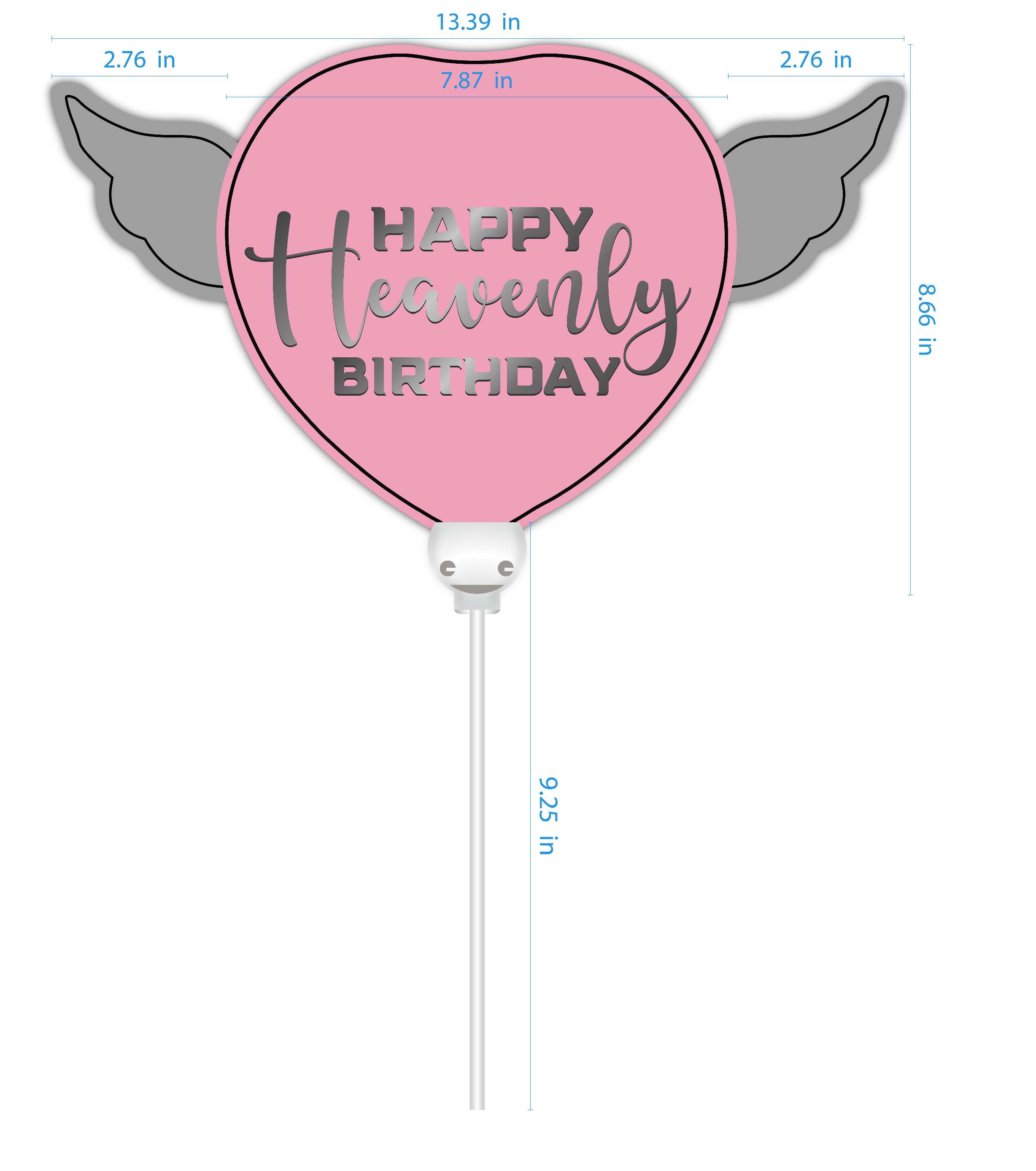 Happy Heavenly Birthday pink balloons on a stick heart shaped with angel wings dimensions