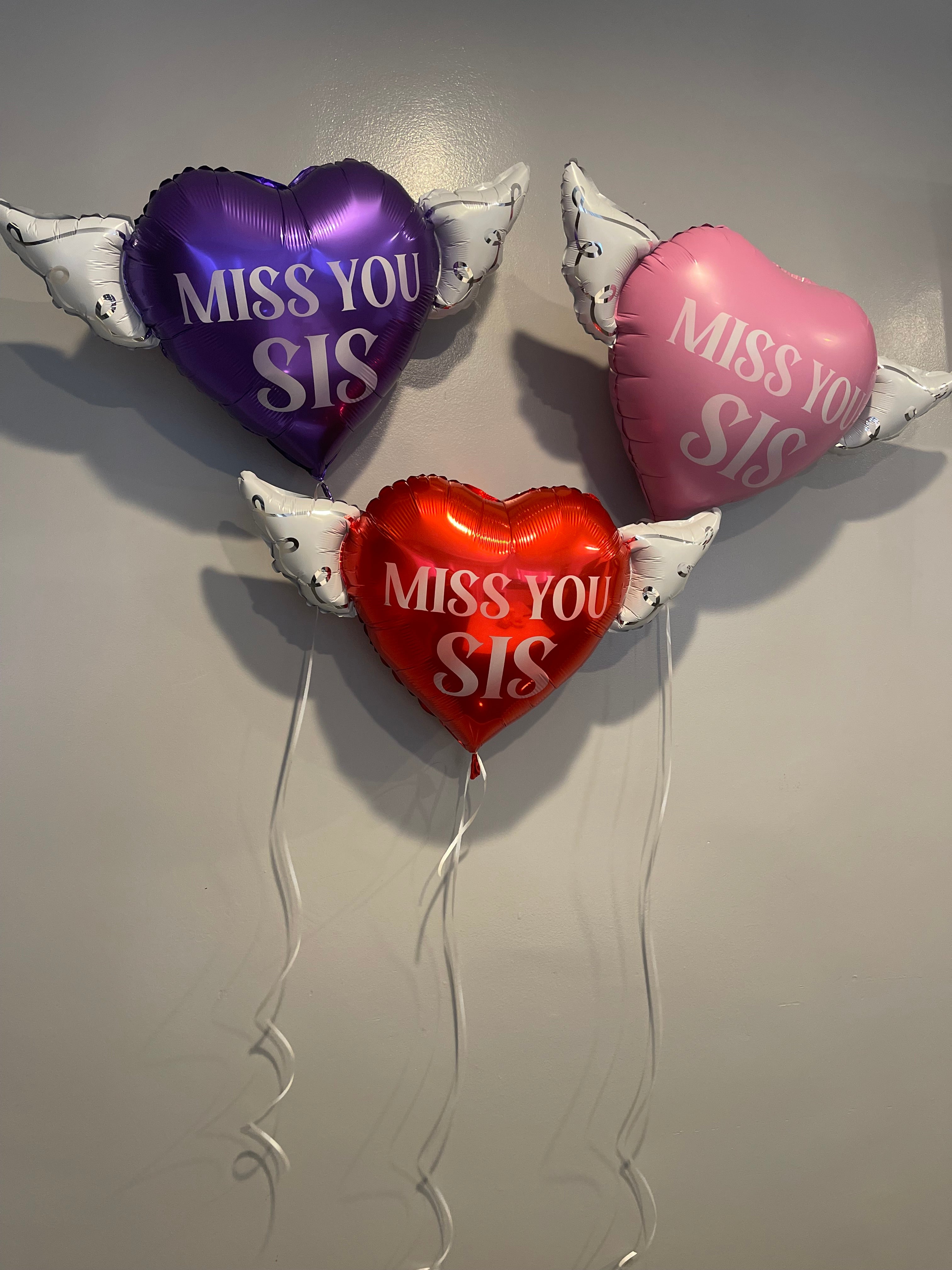 Miss You Sis Heavenly Balloons ™ Heart Shaped with angel wings (Red, Pink & Purple)