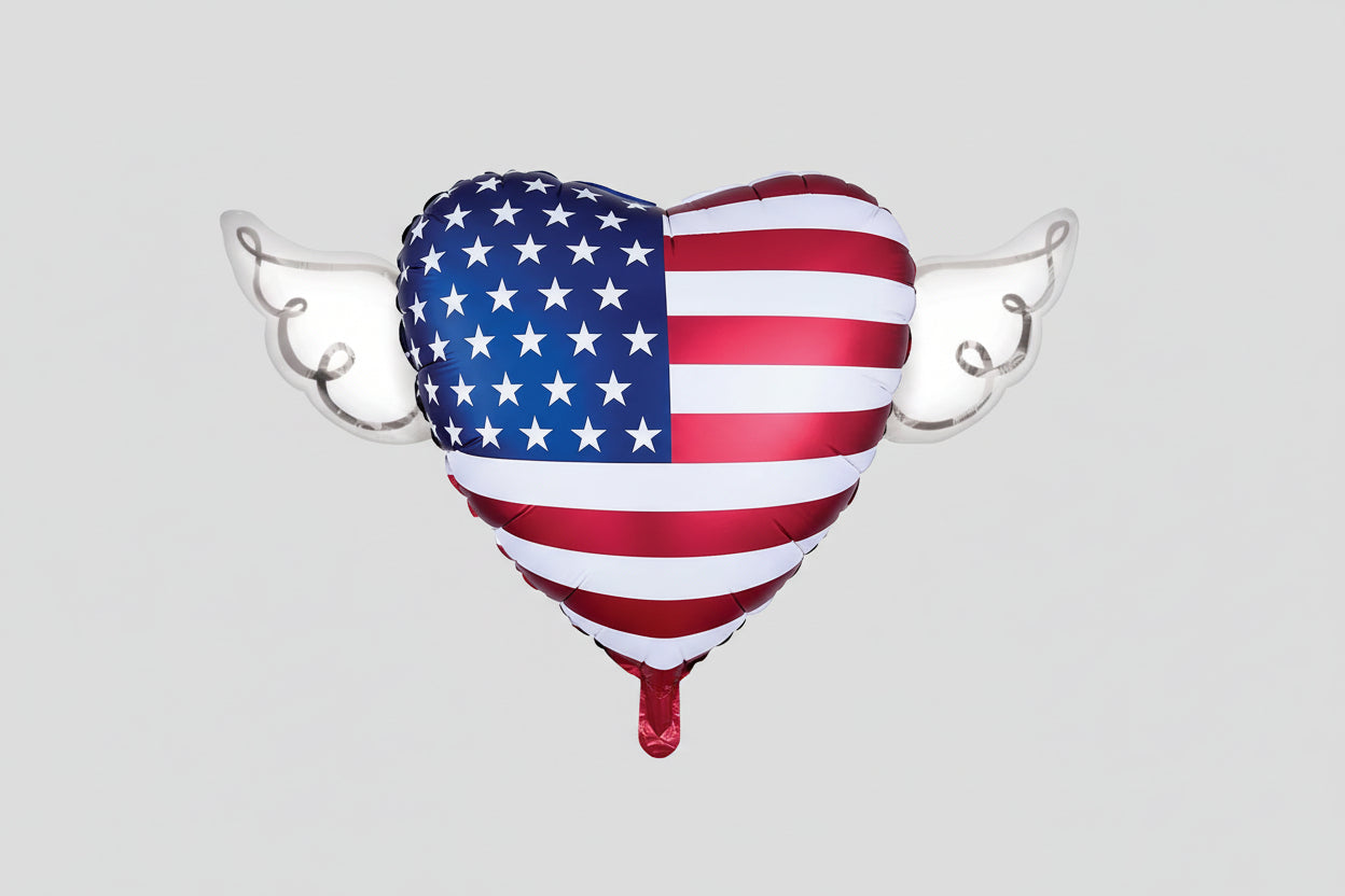 USA Flag Memorial Balloon – Heart Shaped with Angel Wings Patriotic Graveside Tribute