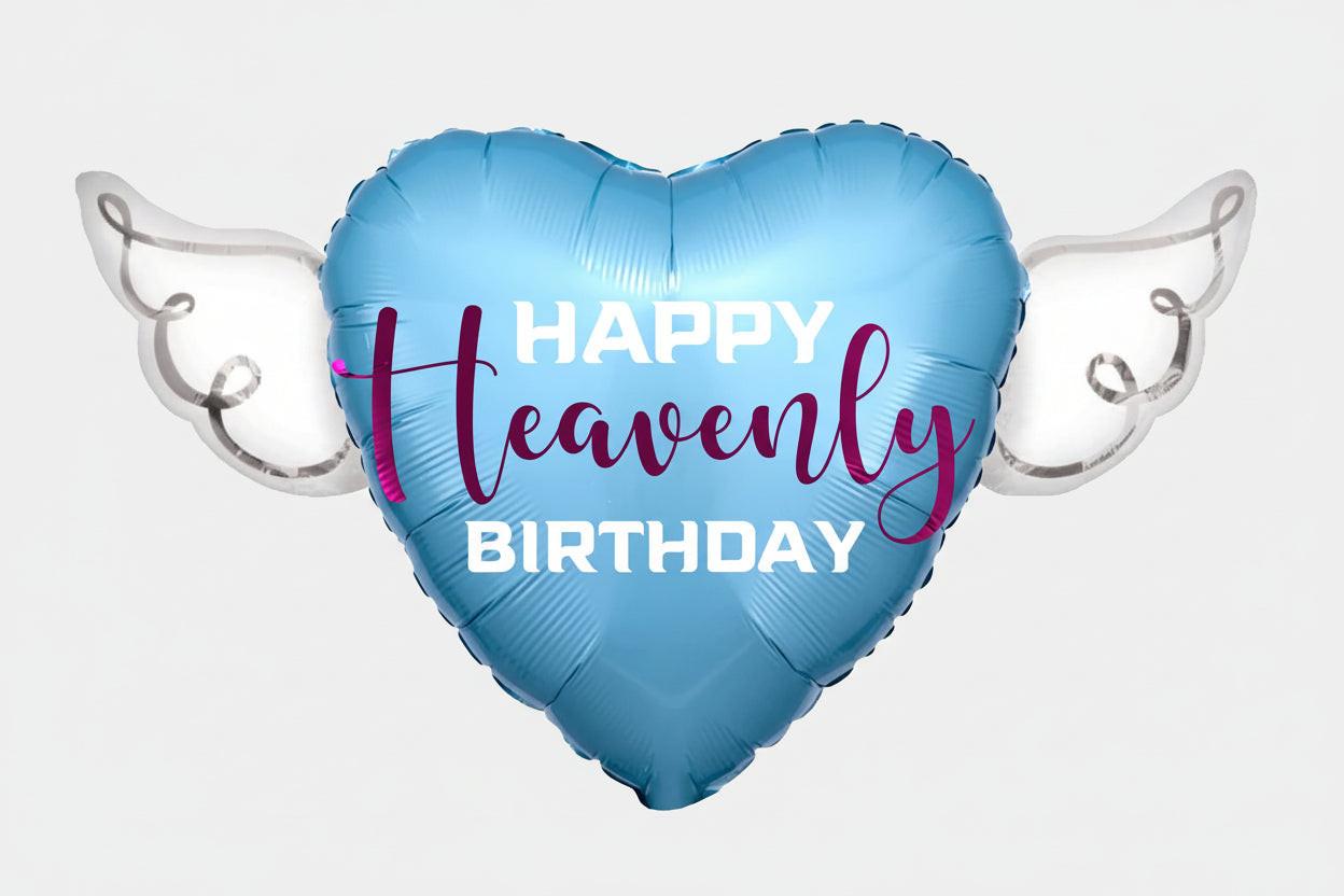 Blue Happy Heavenly Birthday Memorial Balloon – Heart Shaped with Angel Wings on a Stick