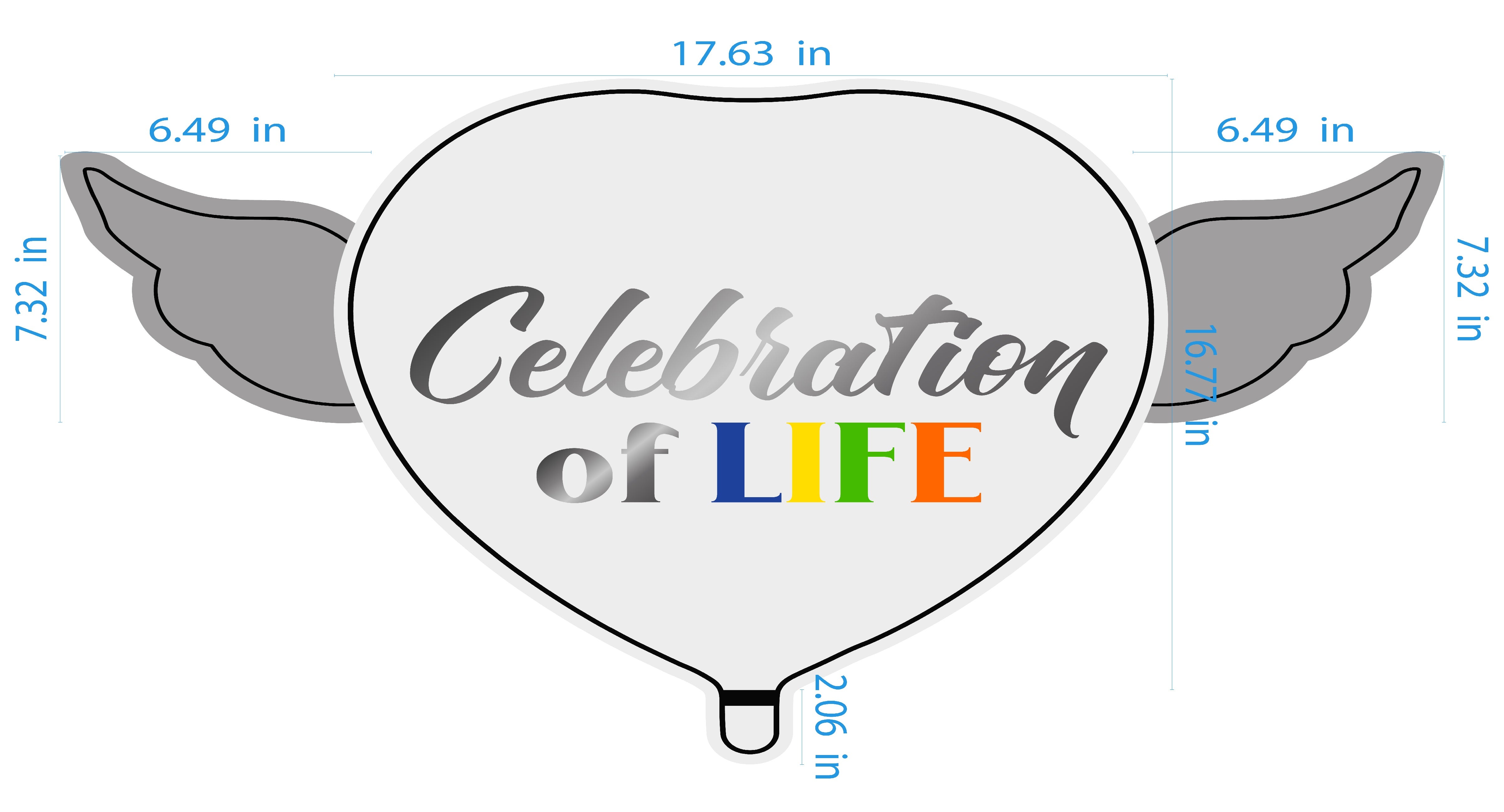 Celebration of LIFE Heavenly Balloons Heart Shaped with angel wings dimensions