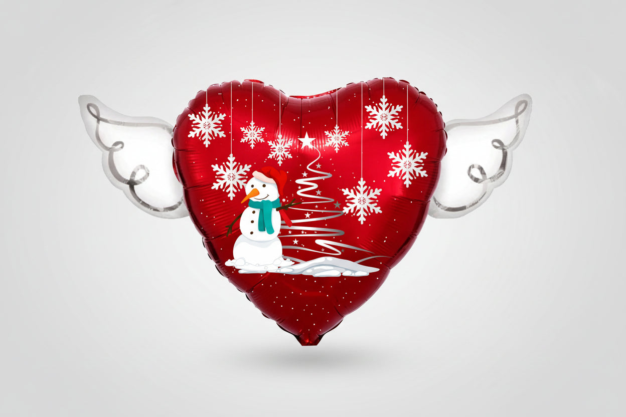 Christmas Snowman Memorial Balloon – Heart Shaped with Angel Wings Holiday Graveside Tribute
