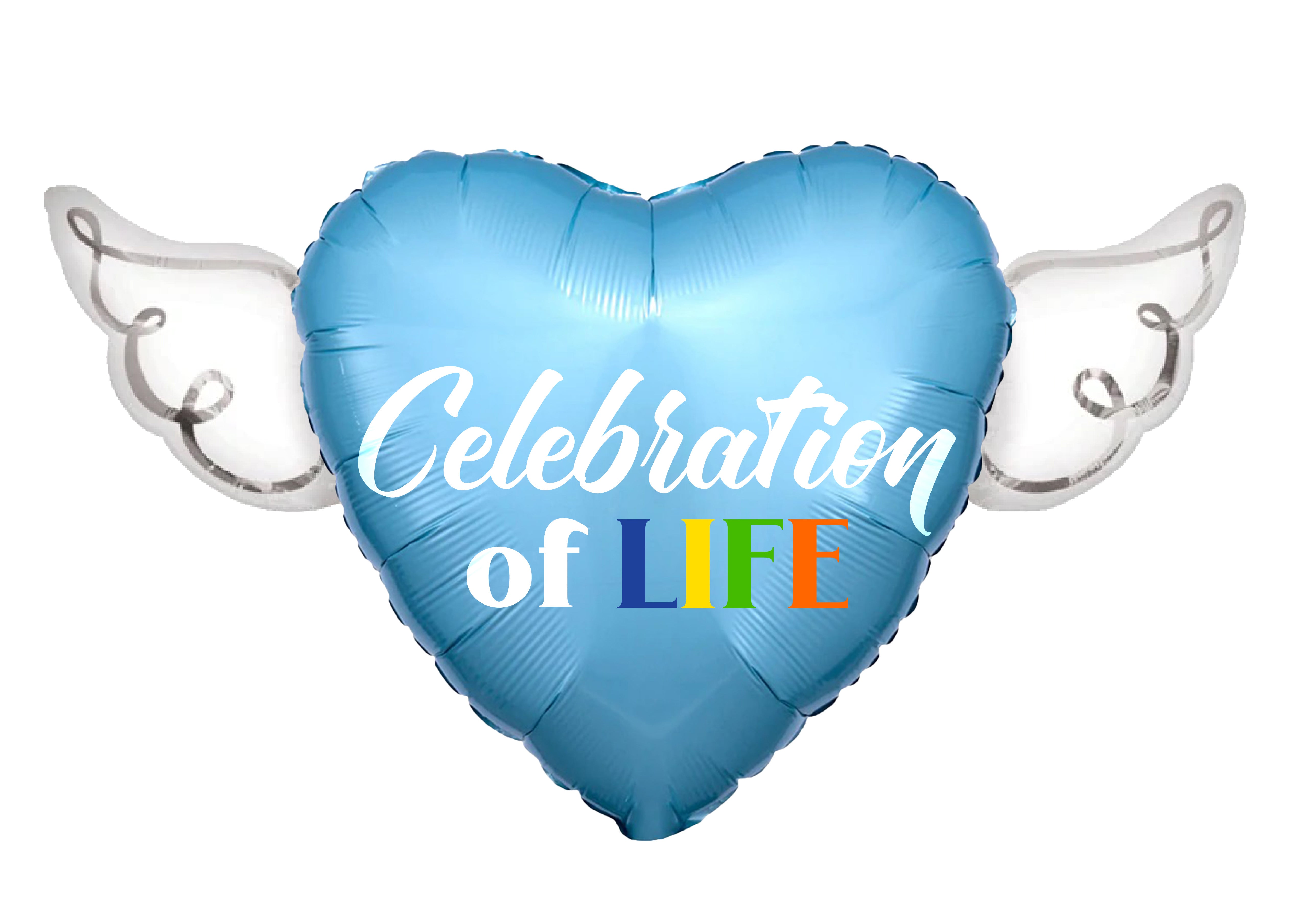 Celebration of LIFE Heavenly Balloons Heart Shaped with angel wings (Blue)