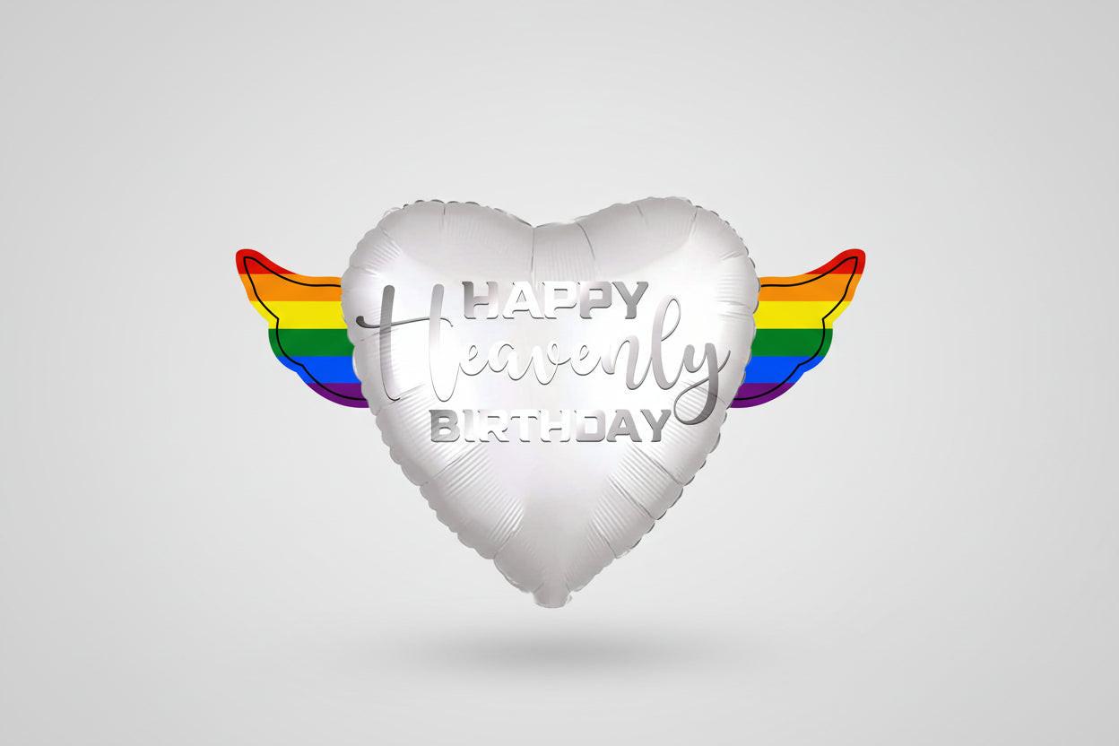 Colorful Happy Heavenly Birthday Memorial Balloon – Heart Shaped with Rainbow Angel Wings Silver Script