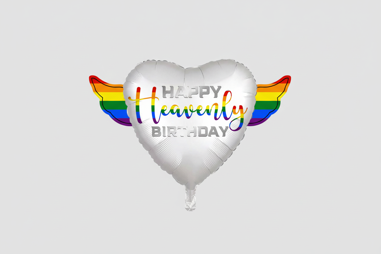 Colorful Happy Heavenly Birthday Memorial Balloon – Heart Shaped with Rainbow Angel Wings