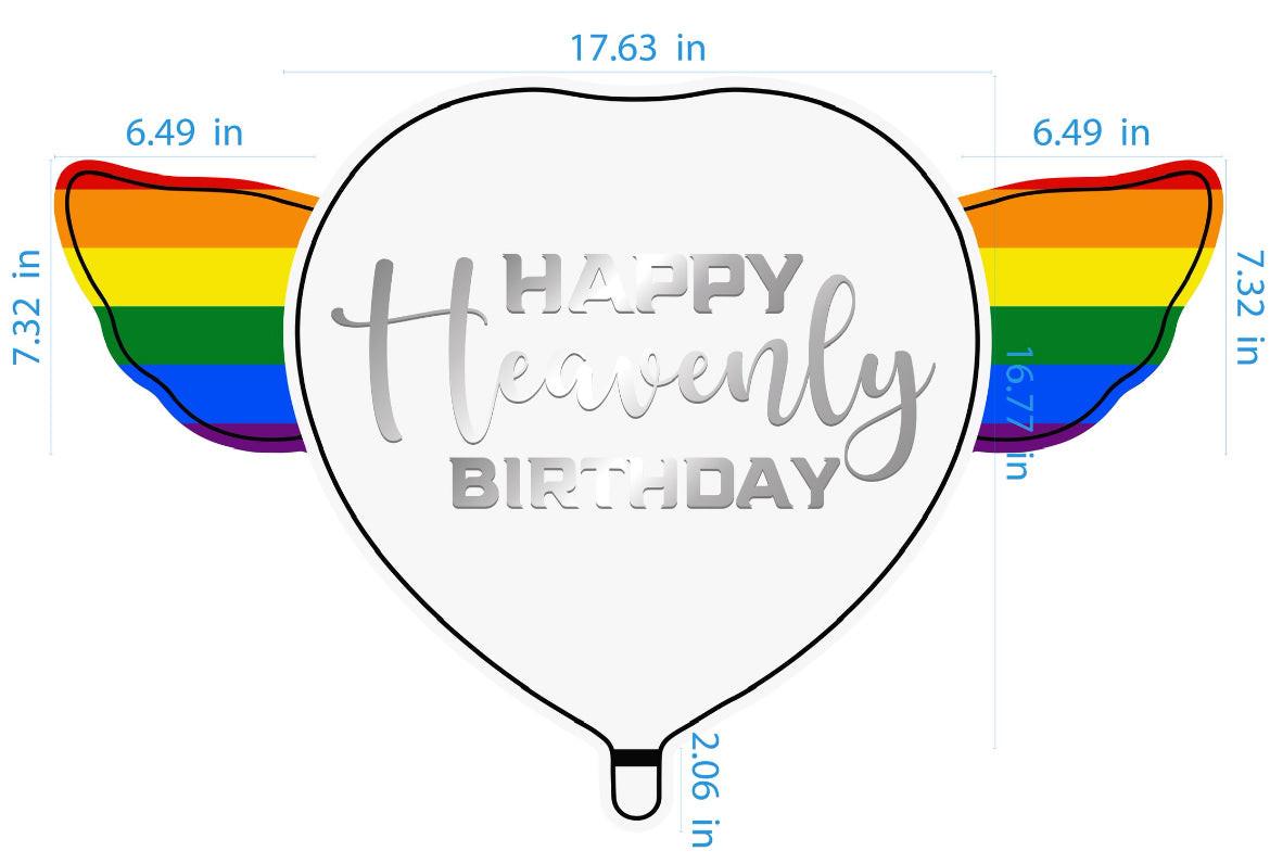 Colorful Happy Heavenly Birthday Memorial Balloon – Heart Shaped with Rainbow Angel Wings Silver Script