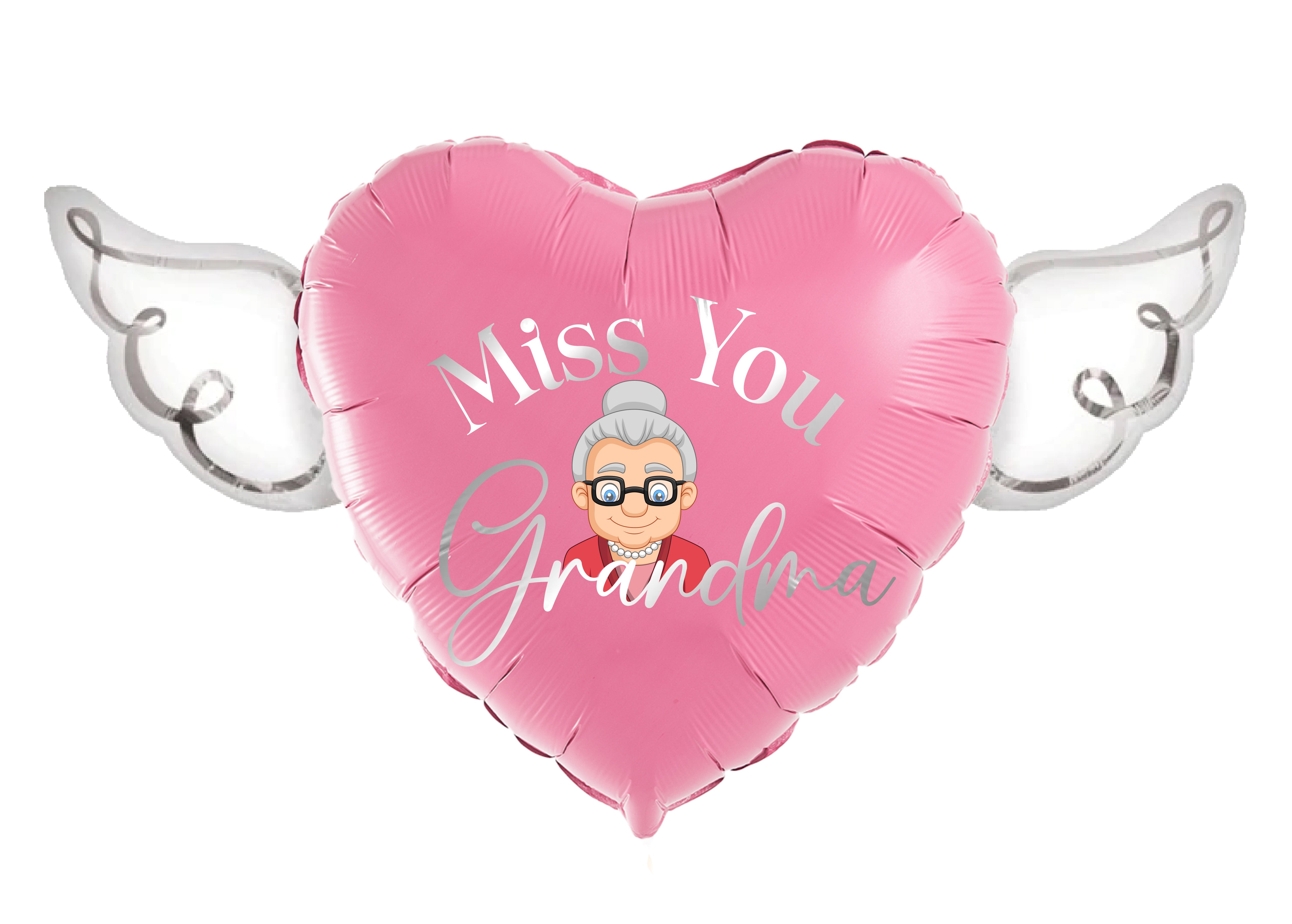 Miss You Grandma Heavenly Balloons Heart Shaped with angel wings (Pink)