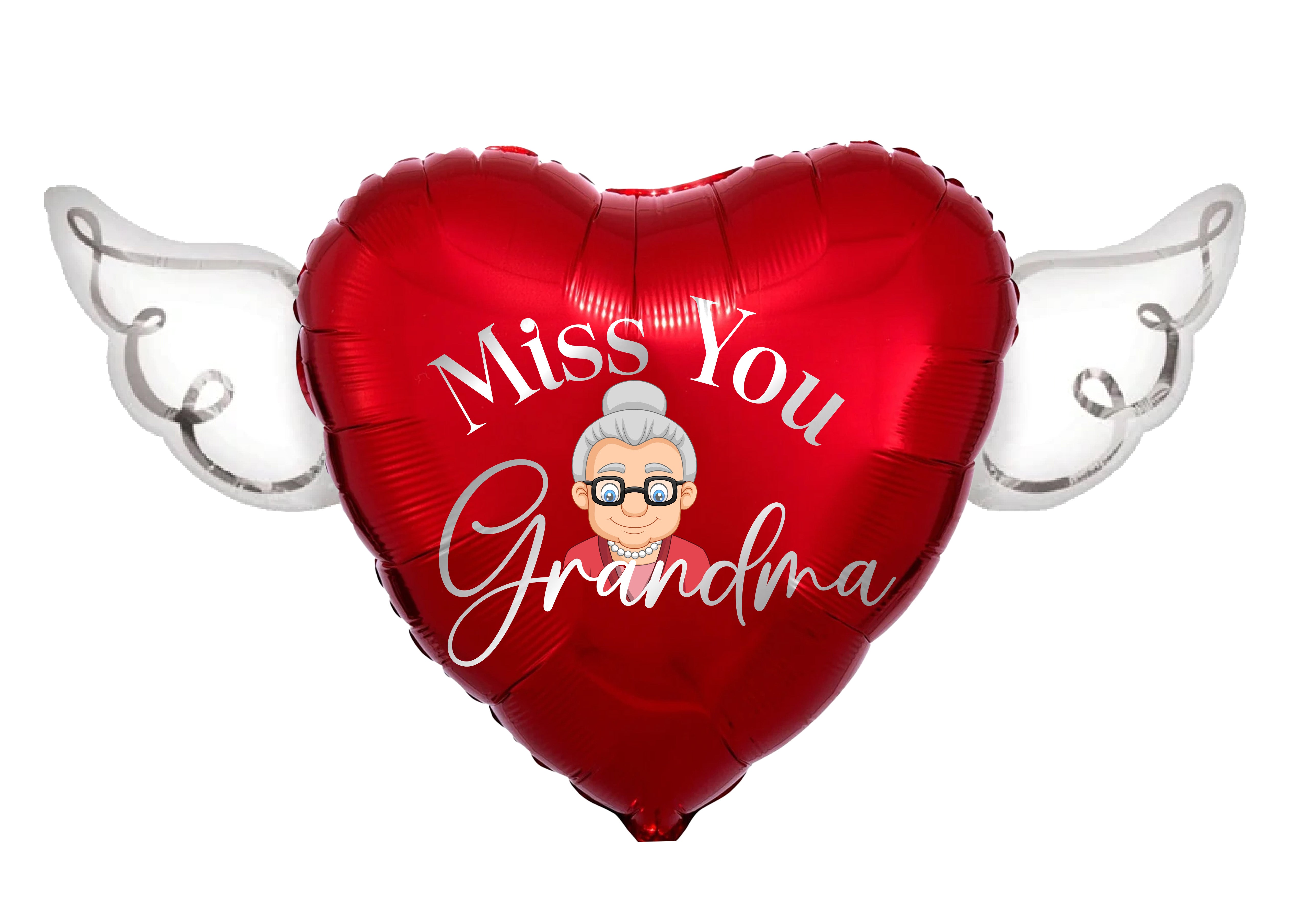 Miss You Grandma Heavenly Balloons Heart Shaped with angel wings (Red)