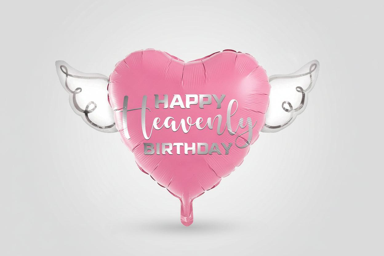 Pink Happy Heavenly Birthday Memorial Balloon – Heart Shaped with Angel Wings Silver Script
