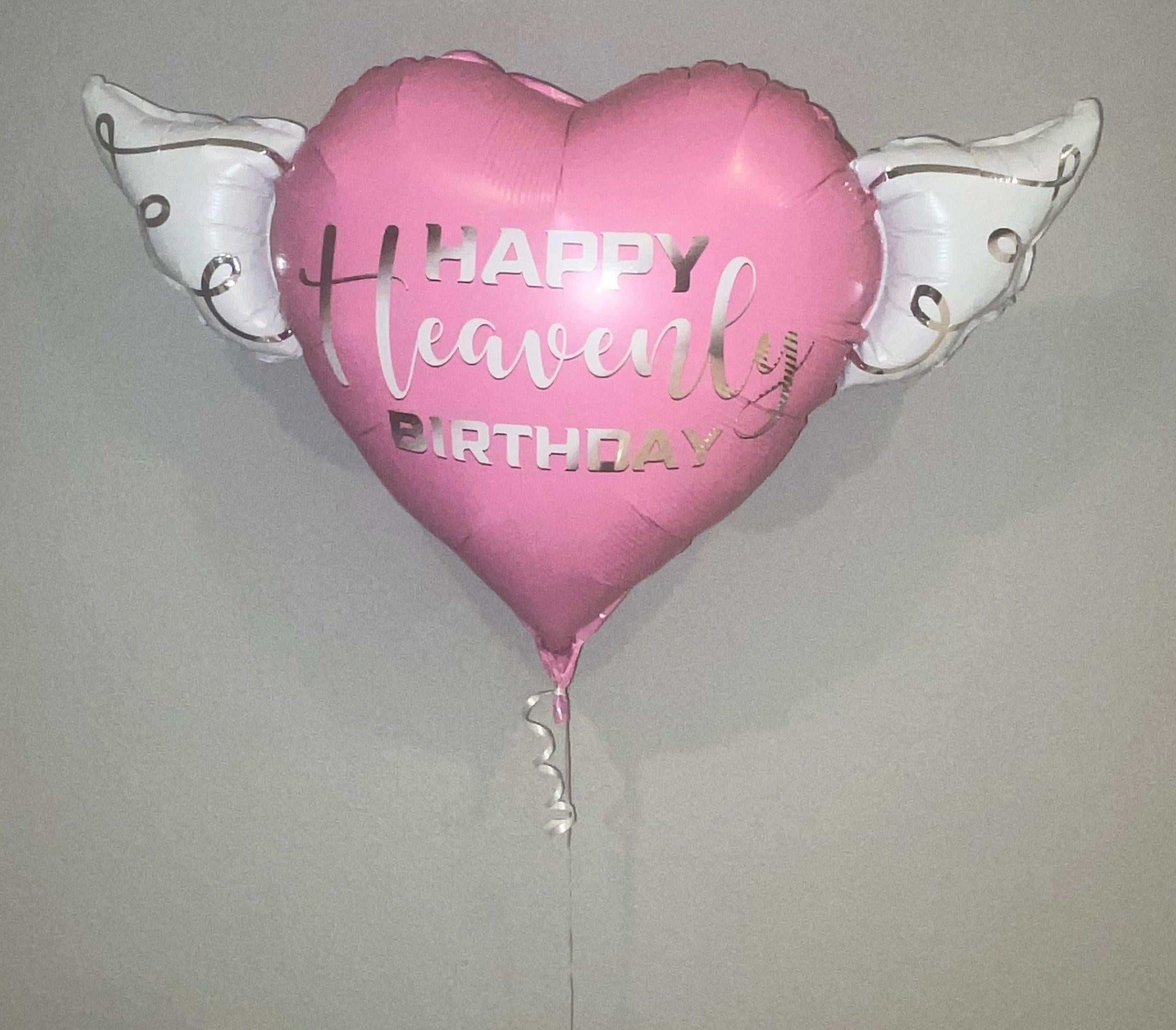Pink Happy Heavenly Birthday Memorial Balloon – Heart Shaped with Angel Wings Silver Script