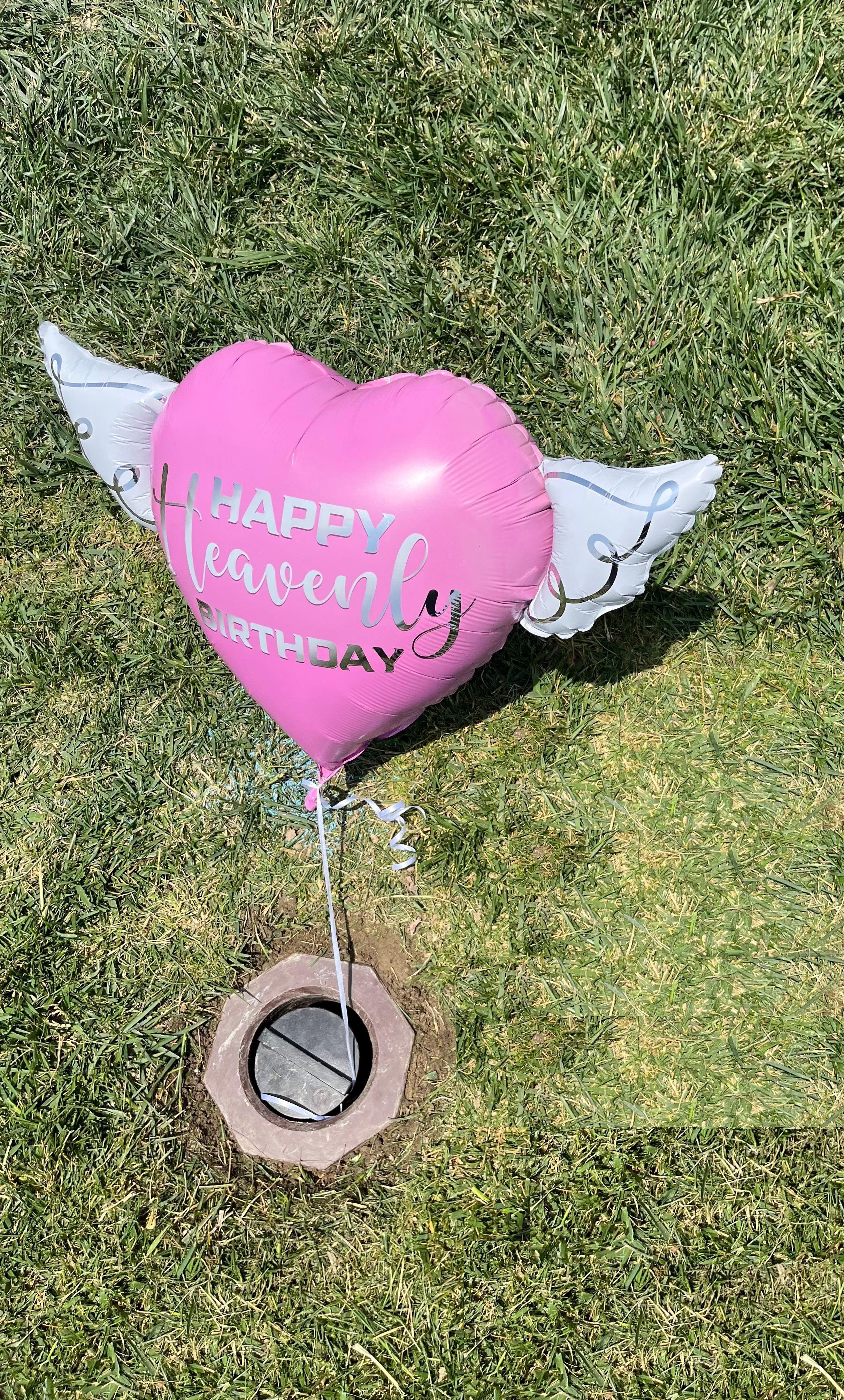 Pink Happy Heavenly Birthday Memorial Balloon – Heart Shaped with Angel Wings Silver Script