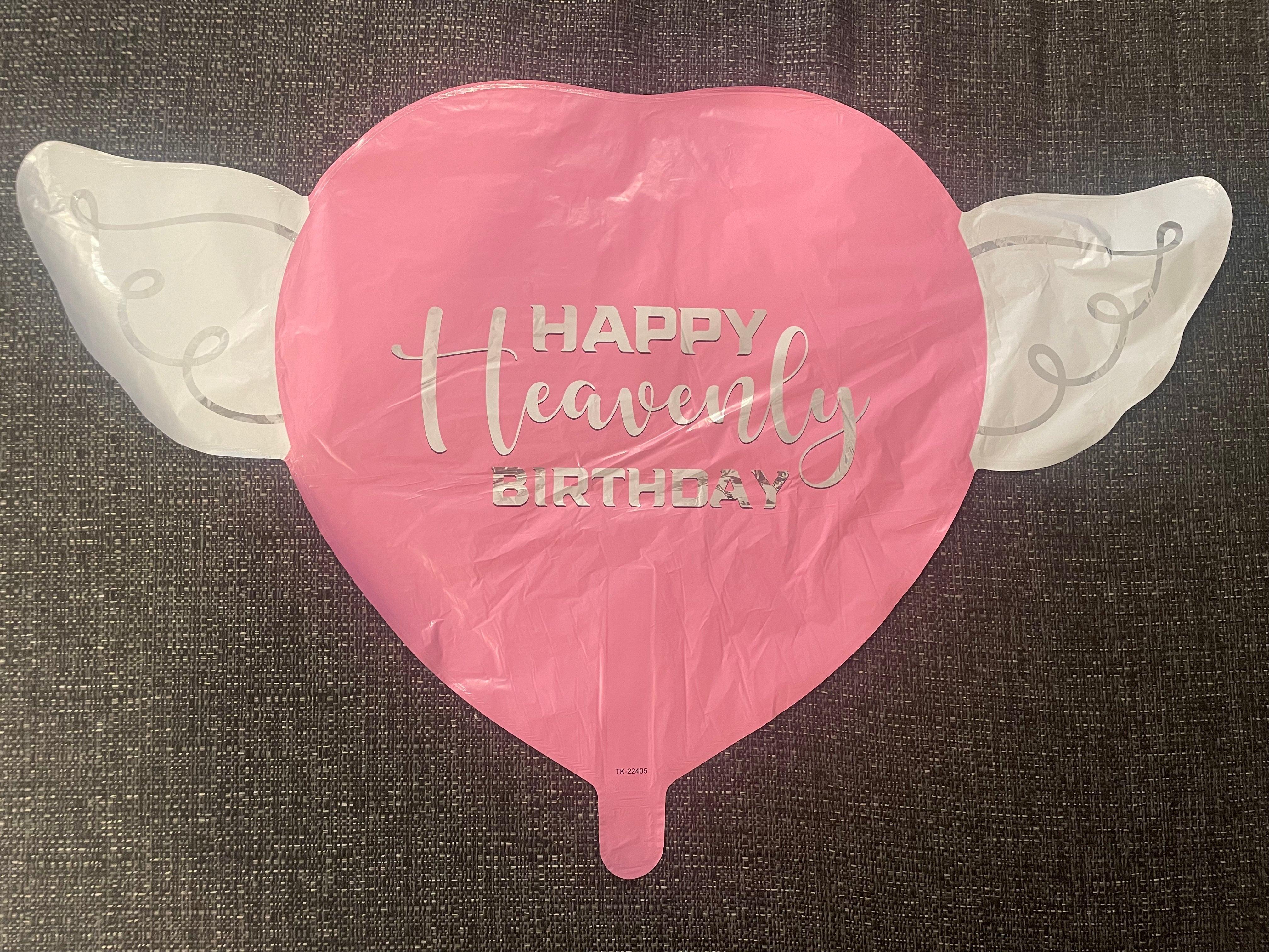 Pink Happy Heavenly Birthday Memorial Balloon – Heart Shaped with Angel Wings Silver Script