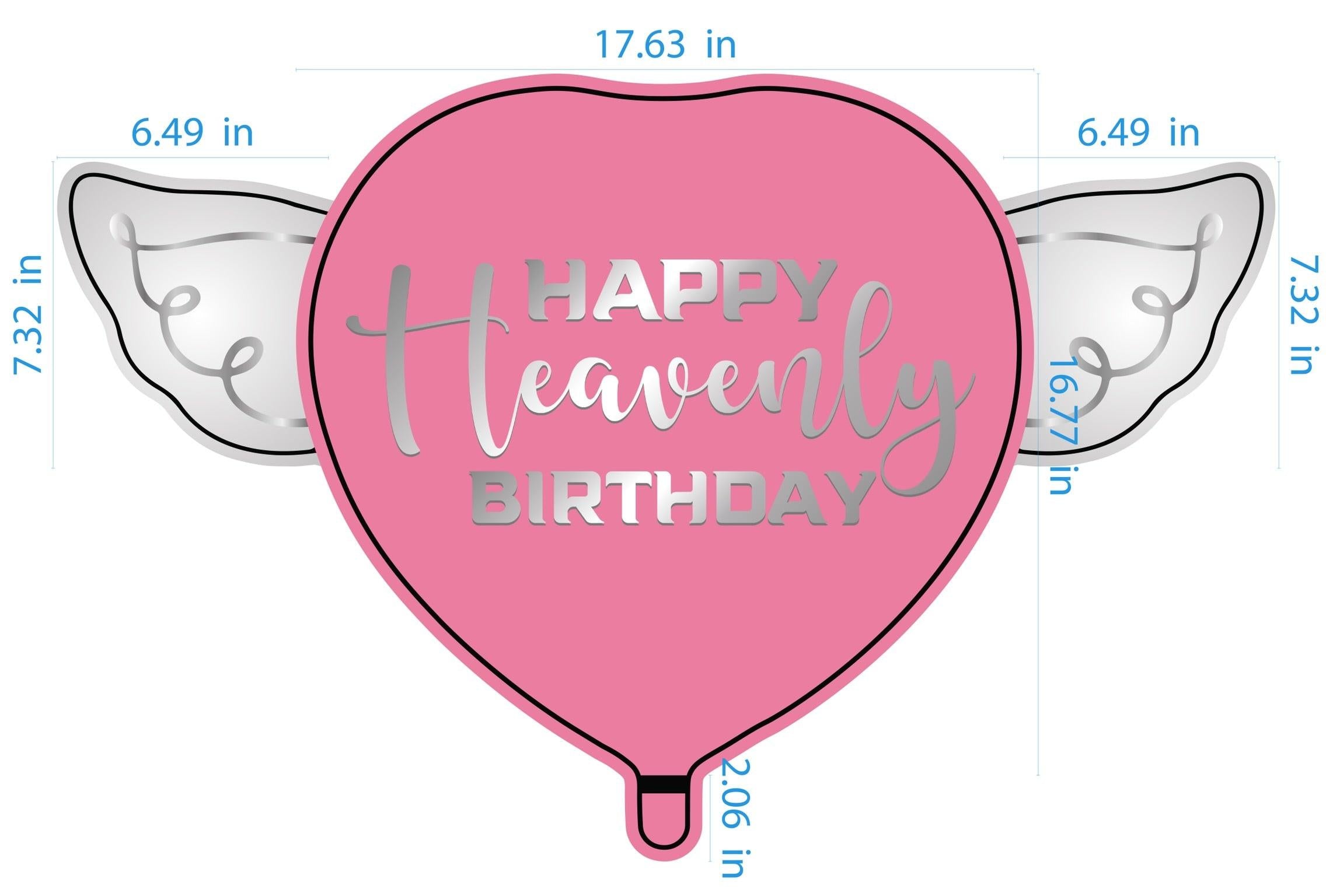 Pink Happy Heavenly Birthday Memorial Balloon – Heart Shaped with Angel Wings Silver Script