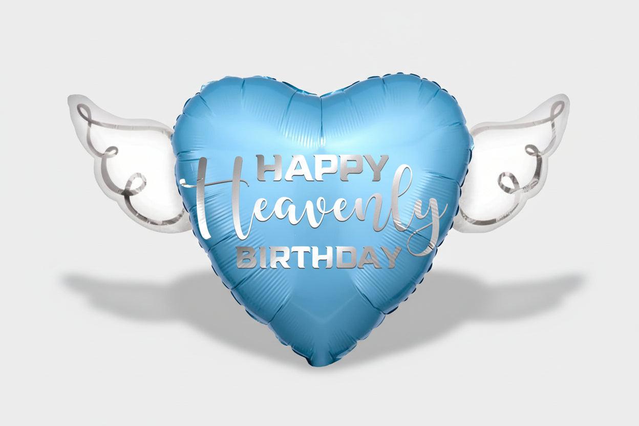 Blue Happy Heavenly Birthday Memorial Balloon – Heart Shaped with Angel Wings Silver Script