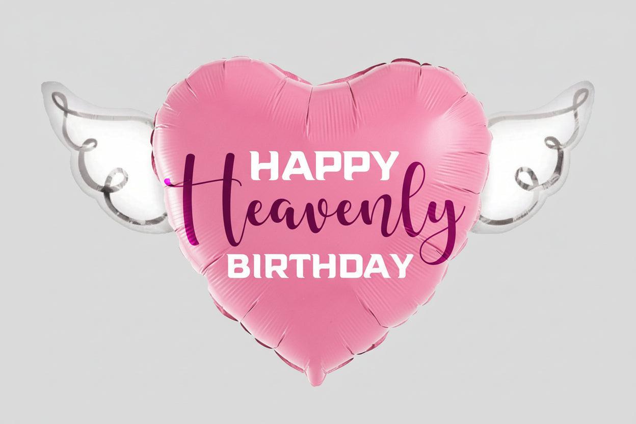Pink Happy Heavenly Birthday Memorial Balloon – Heart Shaped with Angel Wings Purple Script