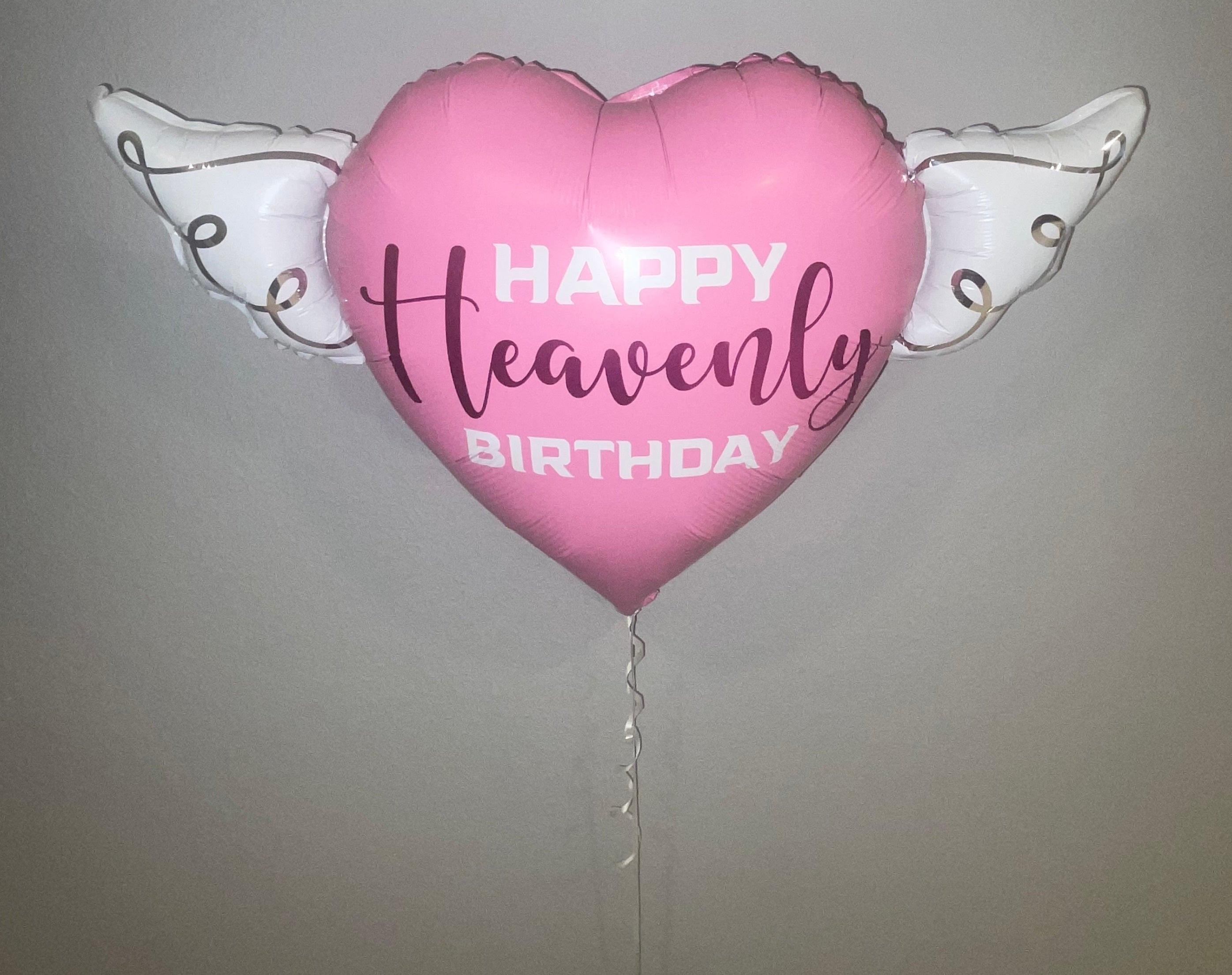 Pink Happy Heavenly Birthday Memorial Balloon – Heart Shaped with Angel Wings Purple Script