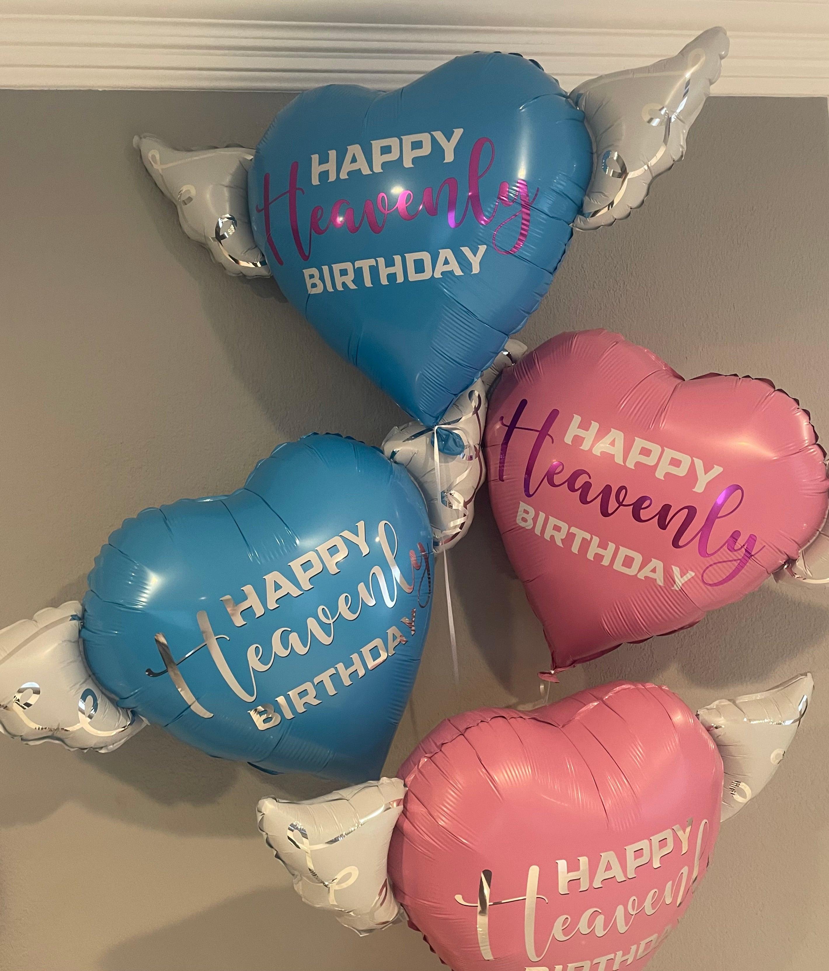 Pink Happy Heavenly Birthday Memorial Balloon – Heart Shaped with Angel Wings Purple Script