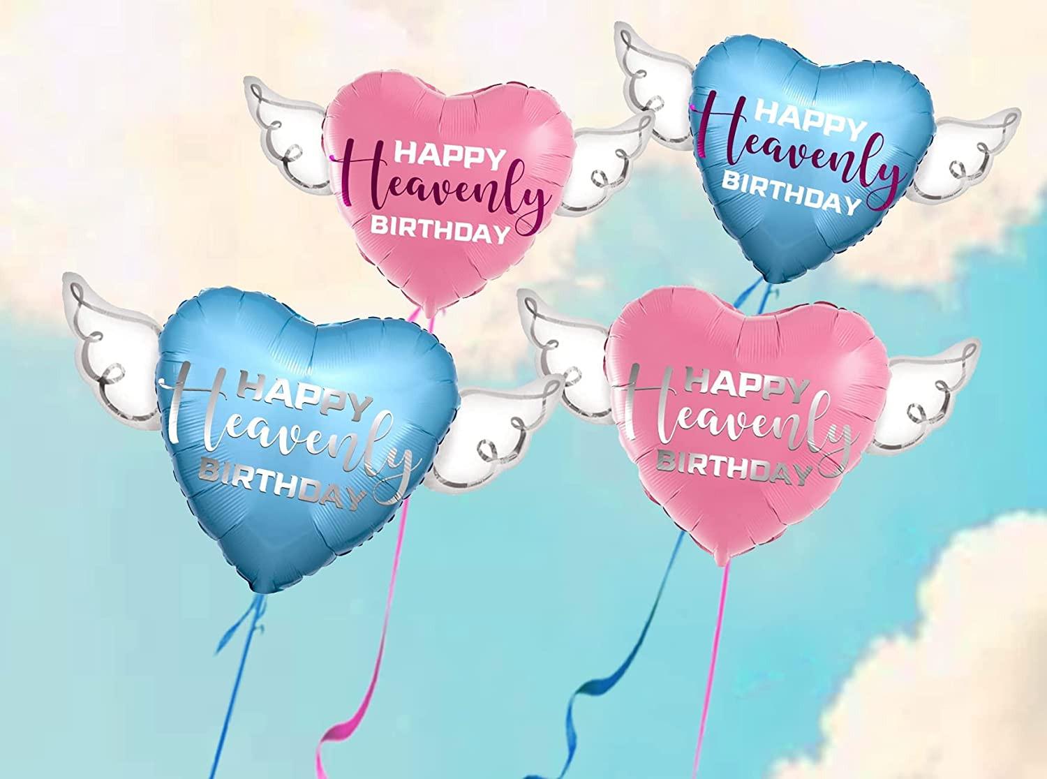Pink Happy Heavenly Birthday Memorial Balloon – Heart Shaped with Angel Wings Purple Script