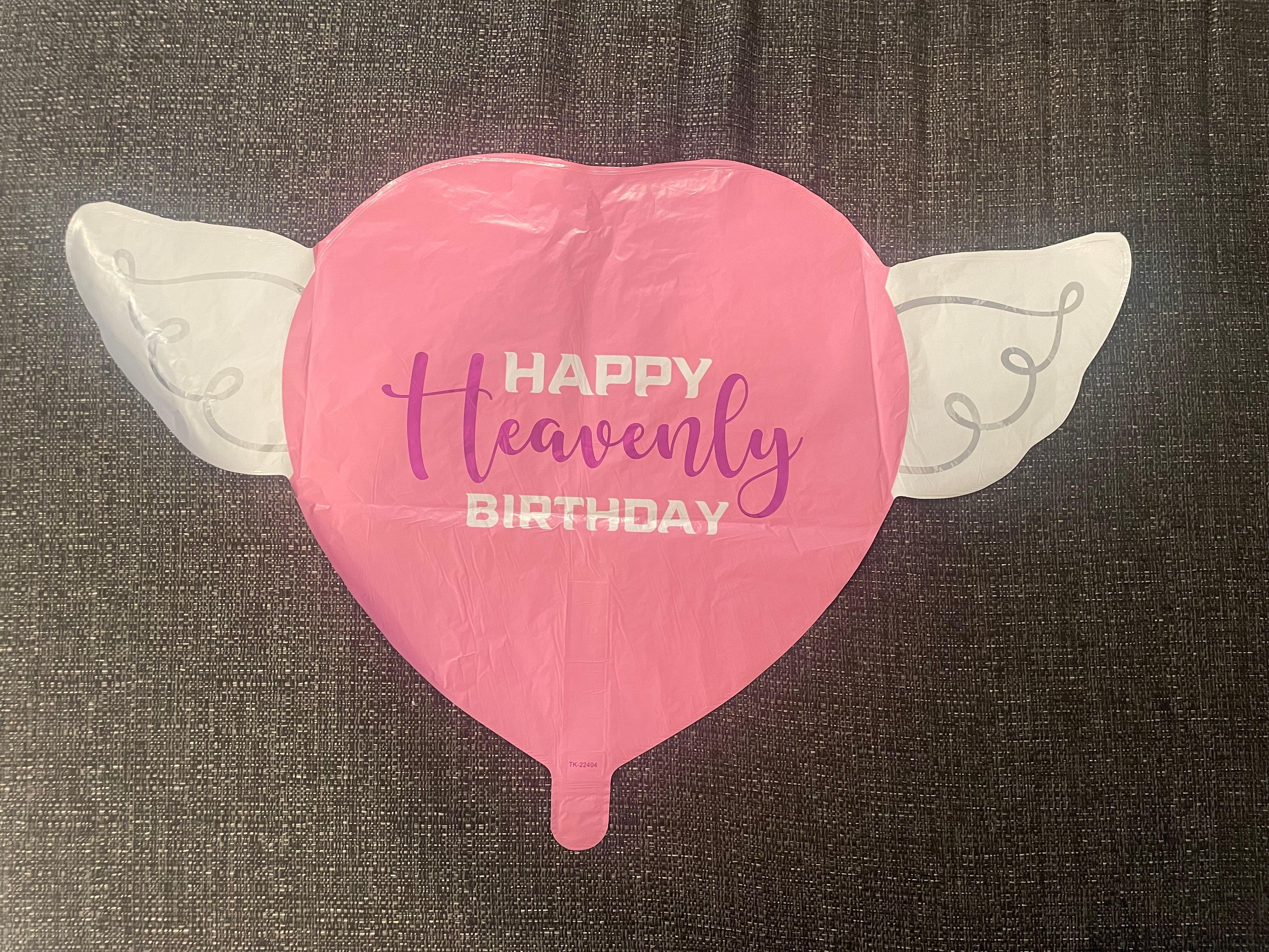 Pink Happy Heavenly Birthday Memorial Balloon – Heart Shaped with Angel Wings Purple Script