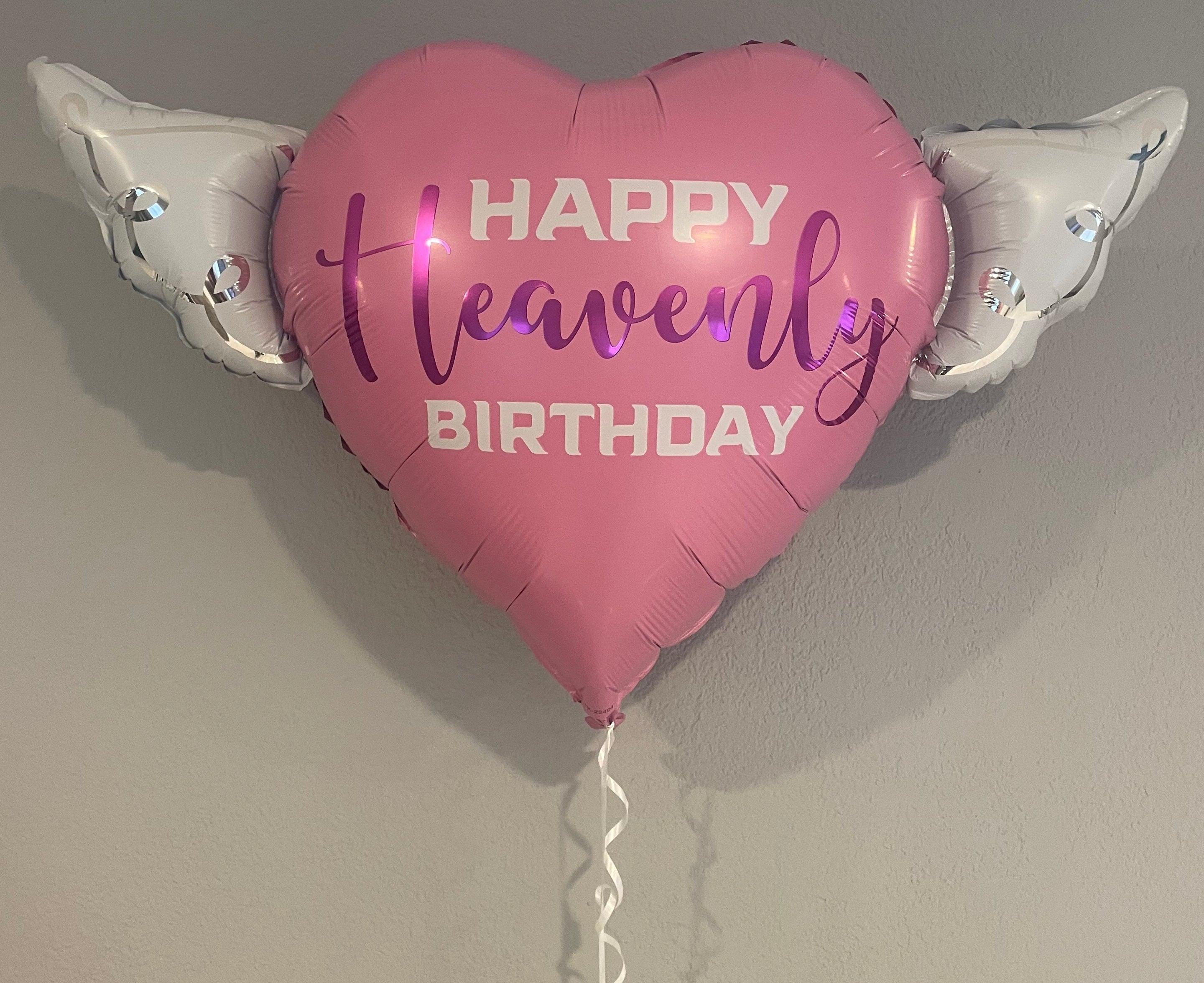 Pink Happy Heavenly Birthday Memorial Balloon – Heart Shaped with Angel Wings Purple Script