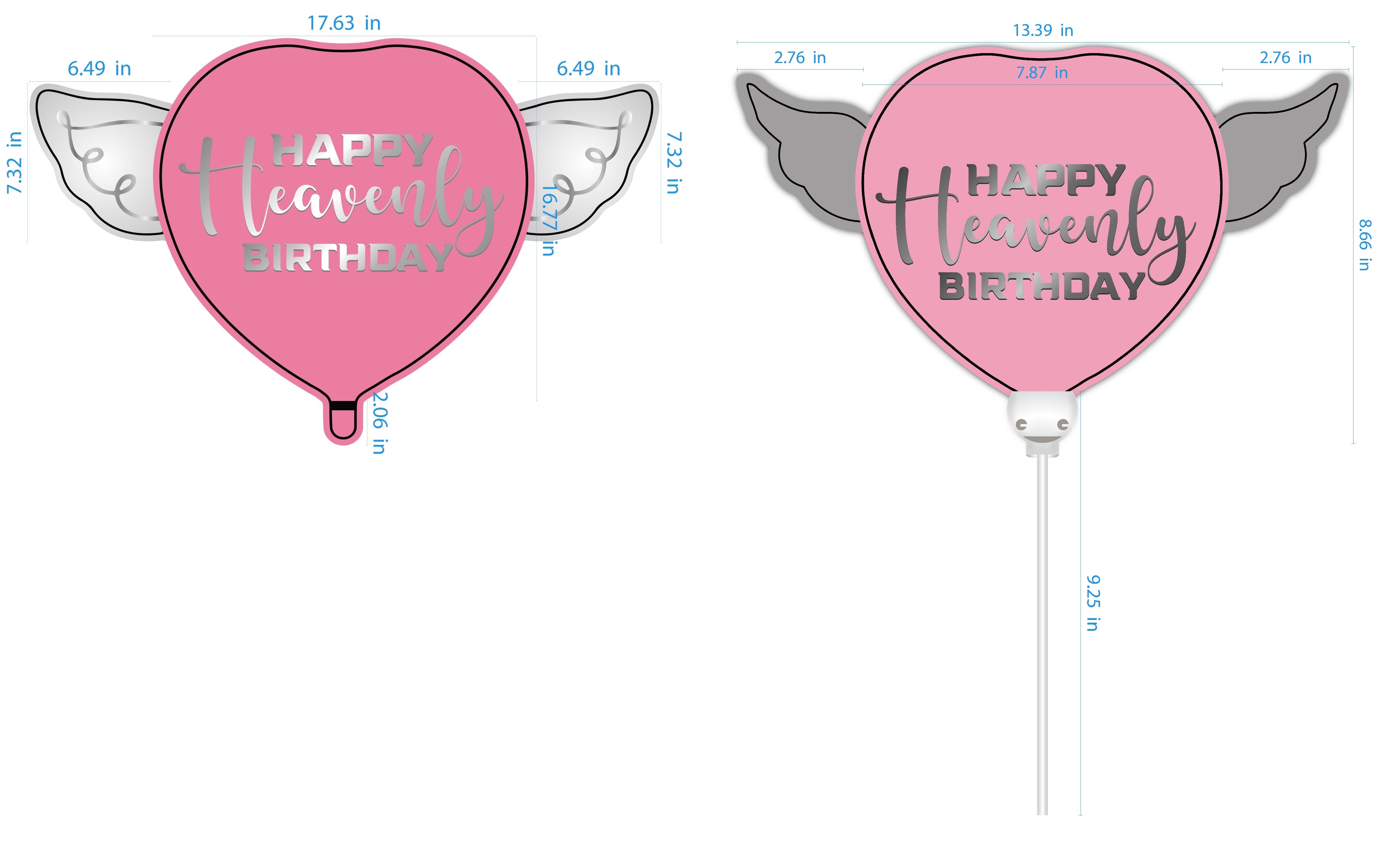 Happy Heavenly Birthday Memorial Balloon Set – Pink Silver Script 17" & Balloon on a Stick Angel Wings