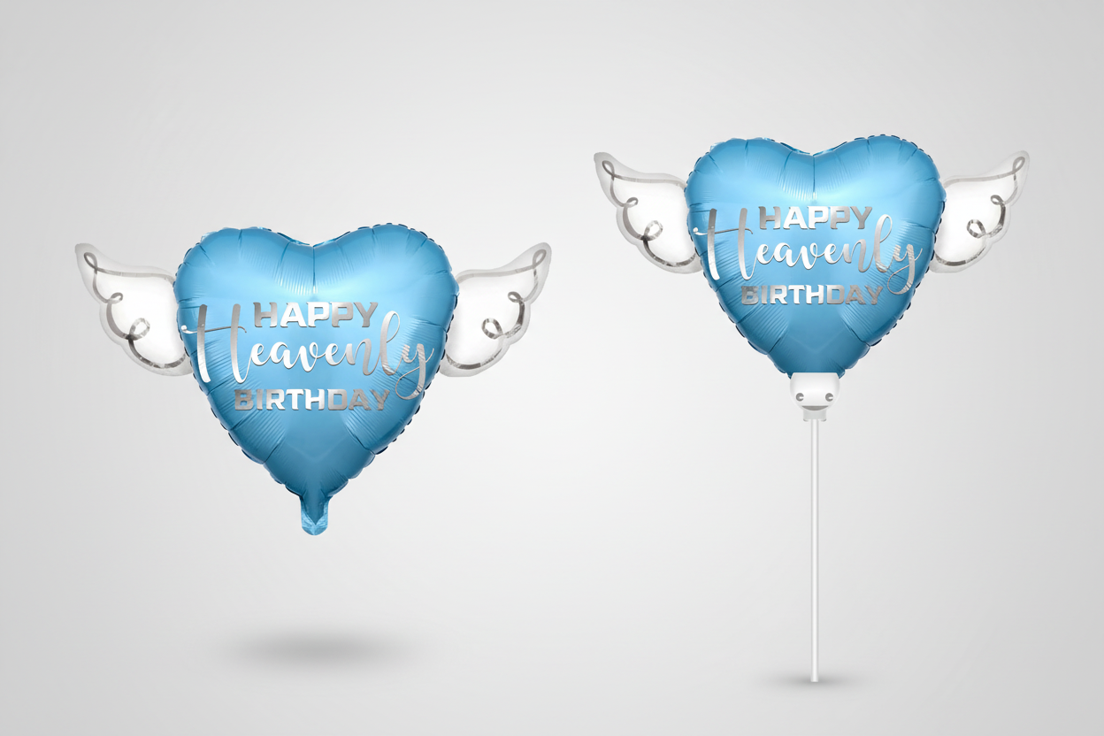 Happy Heavenly Birthday Memorial Balloon Set – Blue Silver Script 17" & Balloon on a Stick Angel Wings