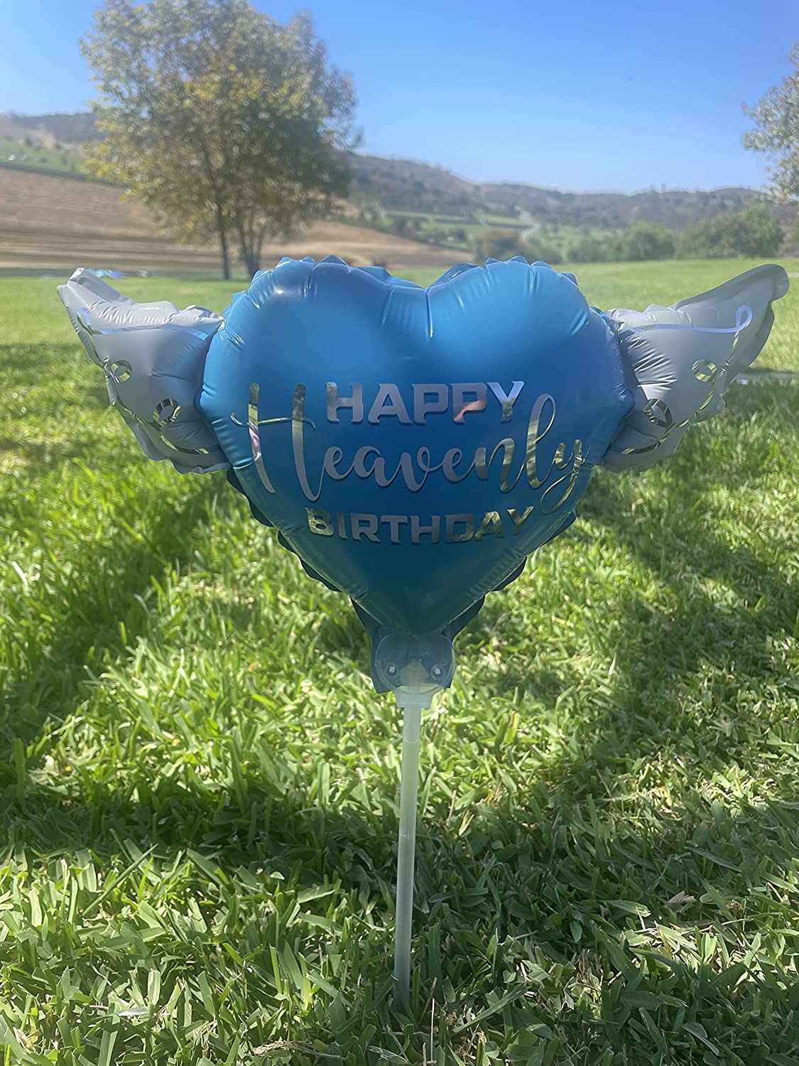 Happy Heavenly Birthday Memorial Balloon on a Stick – Blue Silver Script 2-Pack with Angel Wings