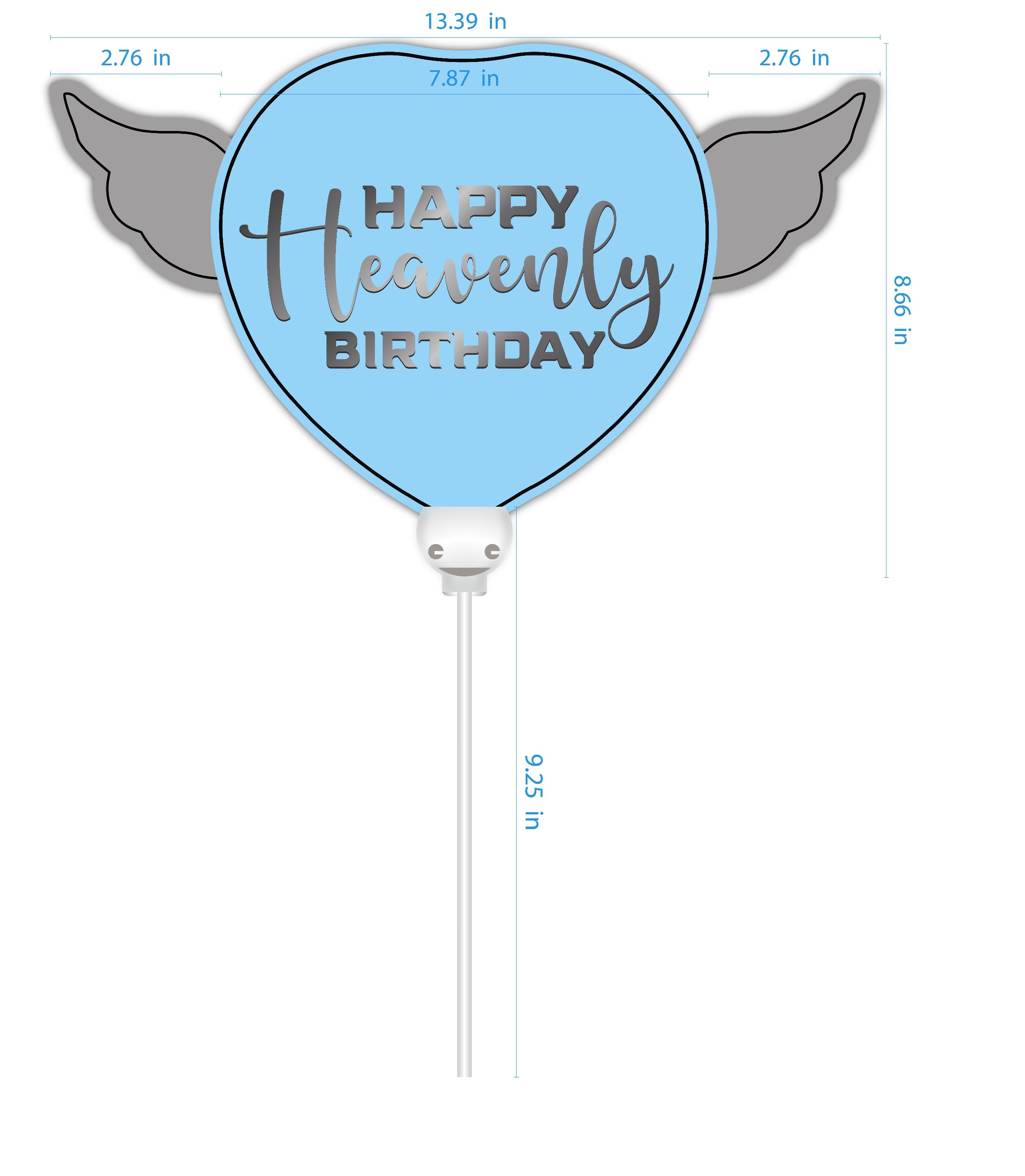 Happy Heavenly Birthday Memorial Balloon on a Stick – Blue Silver Script 2-Pack with Angel Wings