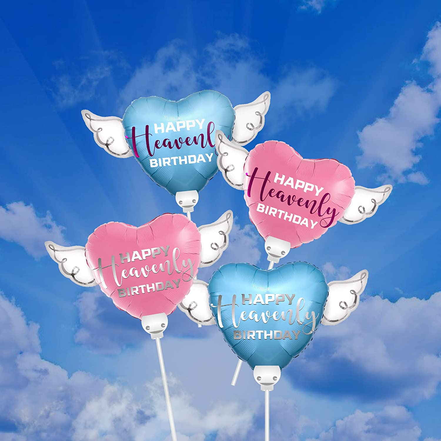 Happy Heavenly Birthday Memorial Balloon on a Stick – Blue Silver Script 2-Pack with Angel Wings