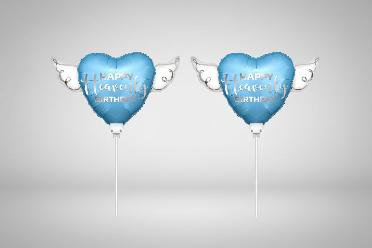 Happy Heavenly Birthday Memorial Balloon on a Stick – Blue Silver Script 2-Pack with Angel Wings