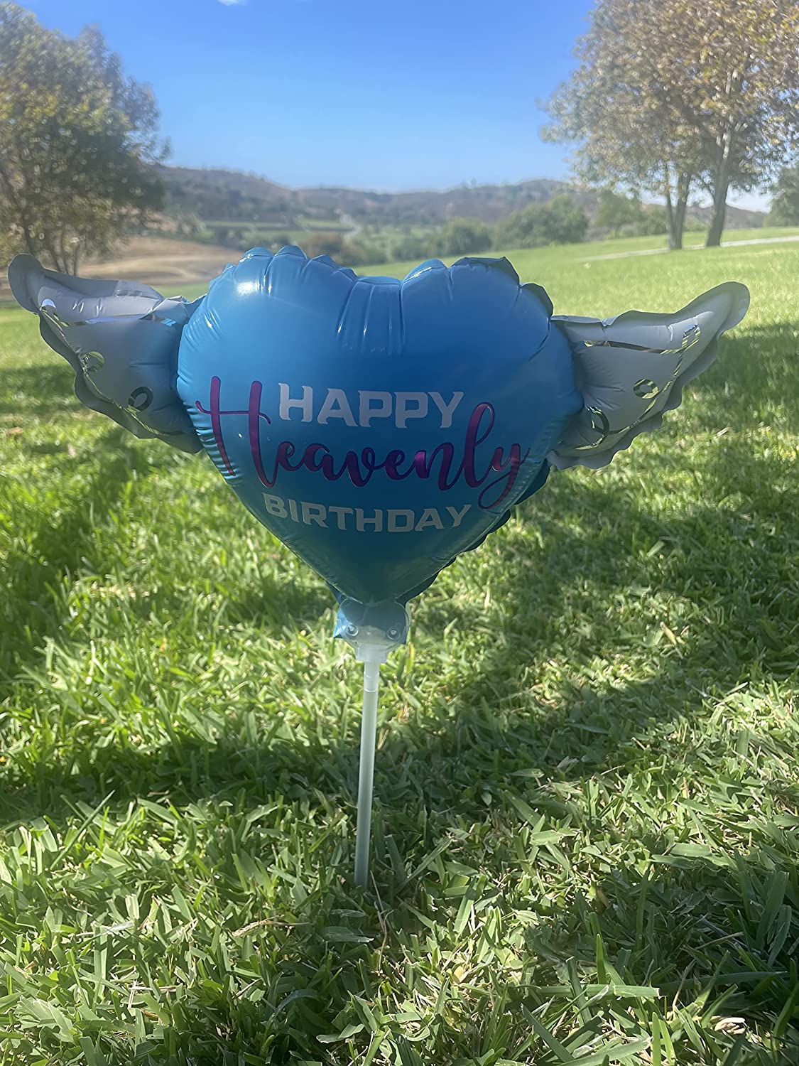Happy Heavenly Birthday Memorial Balloon on a Stick – Blue Purple Script 2-Pack with Angel Wings