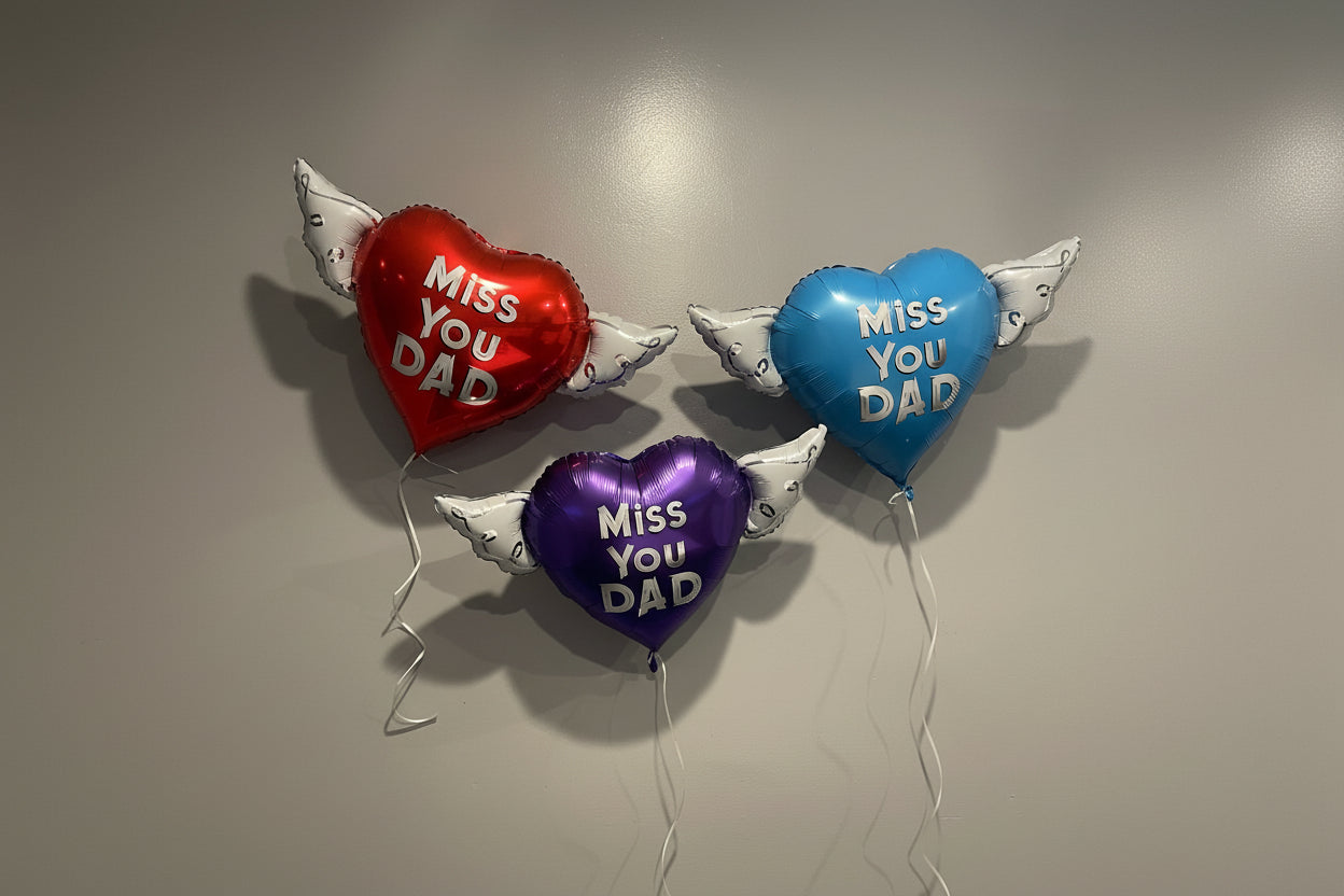 Miss You Dad Memorial Balloon on a Stick – Heart Shaped with Angel Wings Graveside Tribute